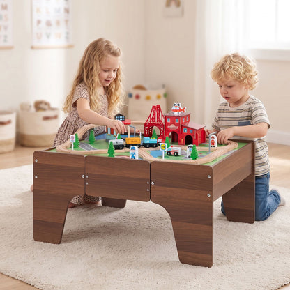 63 Piece Kids Train Table with Storage Drawer and Reversible Tabletop