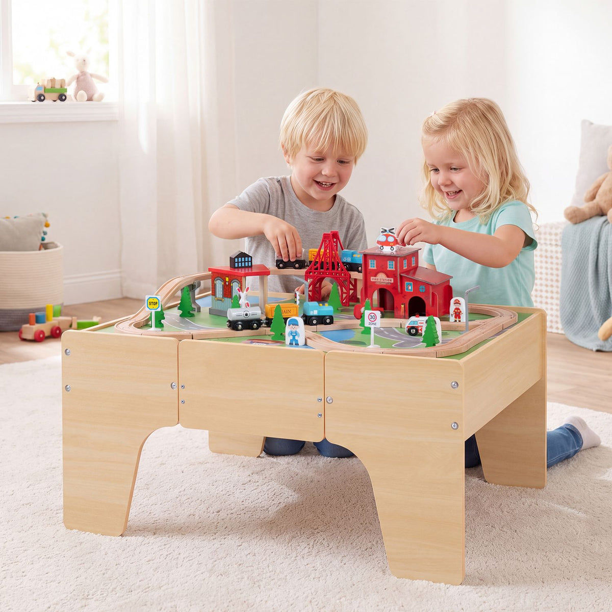 63 Piece Kids Train Table with Storage Drawer and Reversible Tabletop