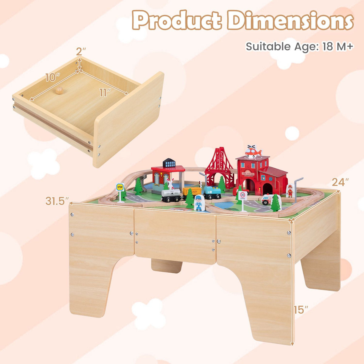 63 Piece Kids Train Table with Storage Drawer and Reversible Tabletop