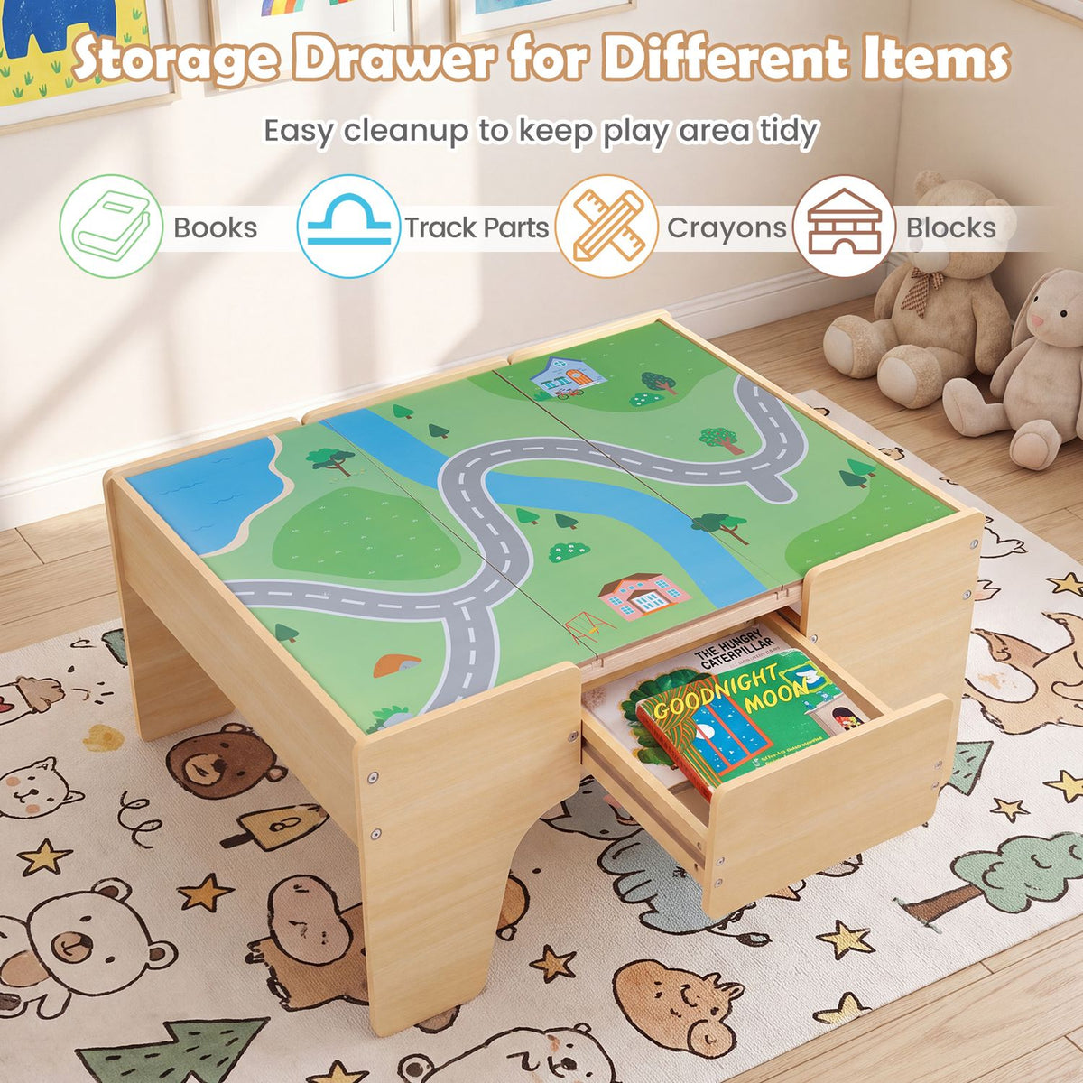 63 Piece Kids Train Table with Storage Drawer and Reversible Tabletop