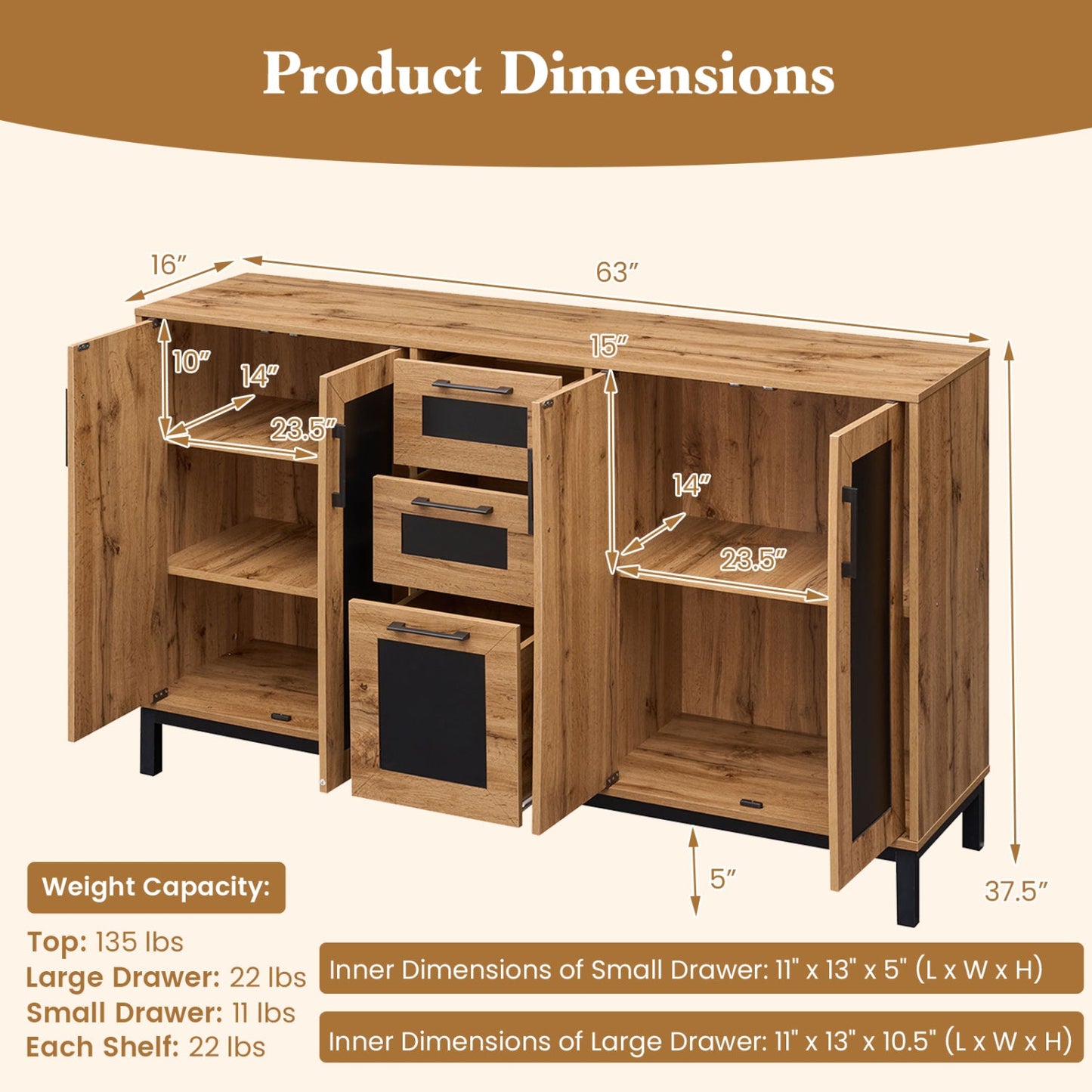 63" Sideboard Buffet Cabinet with 3 Drawers and Storage Shelves