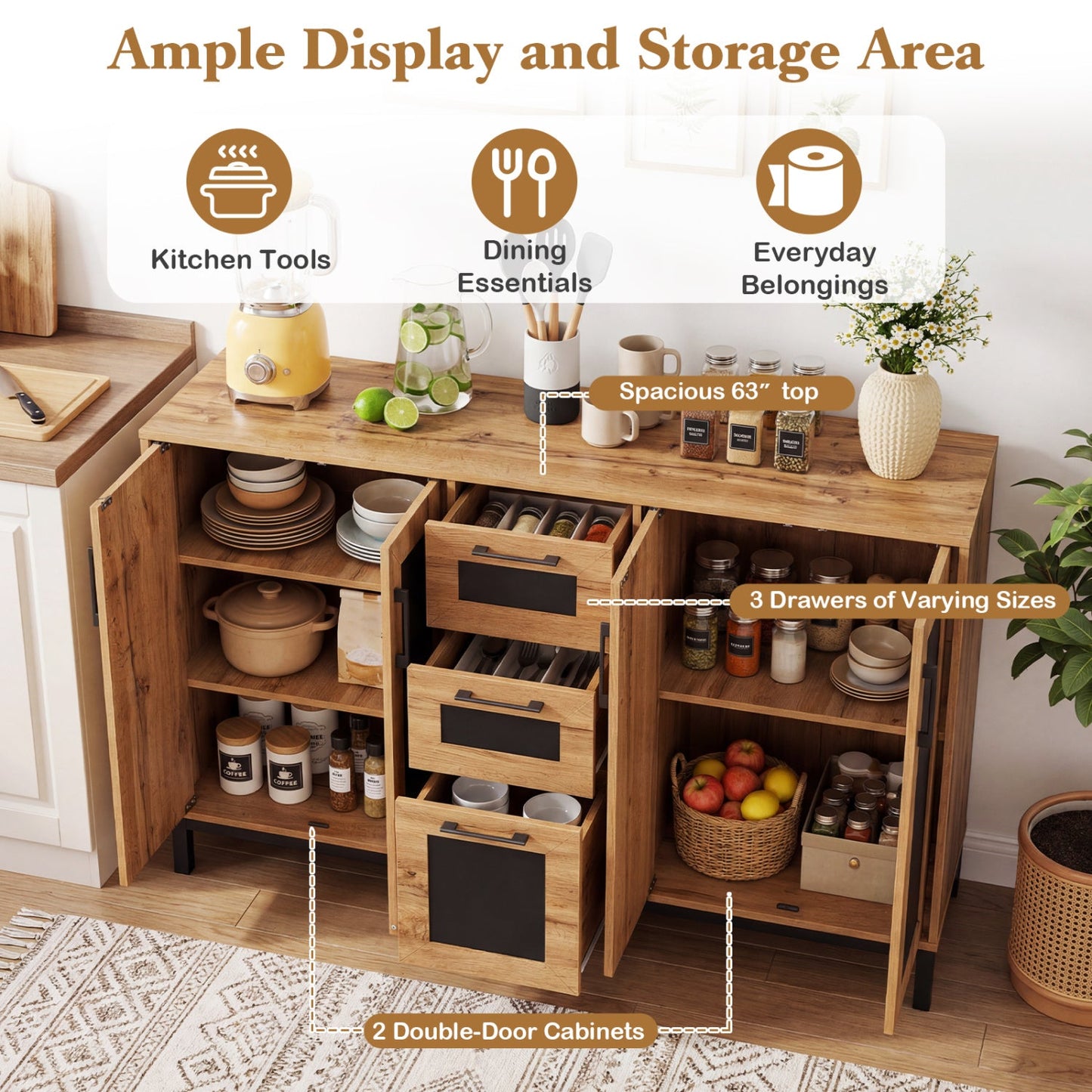 63" Sideboard Buffet Cabinet with 3 Drawers and Storage Shelves