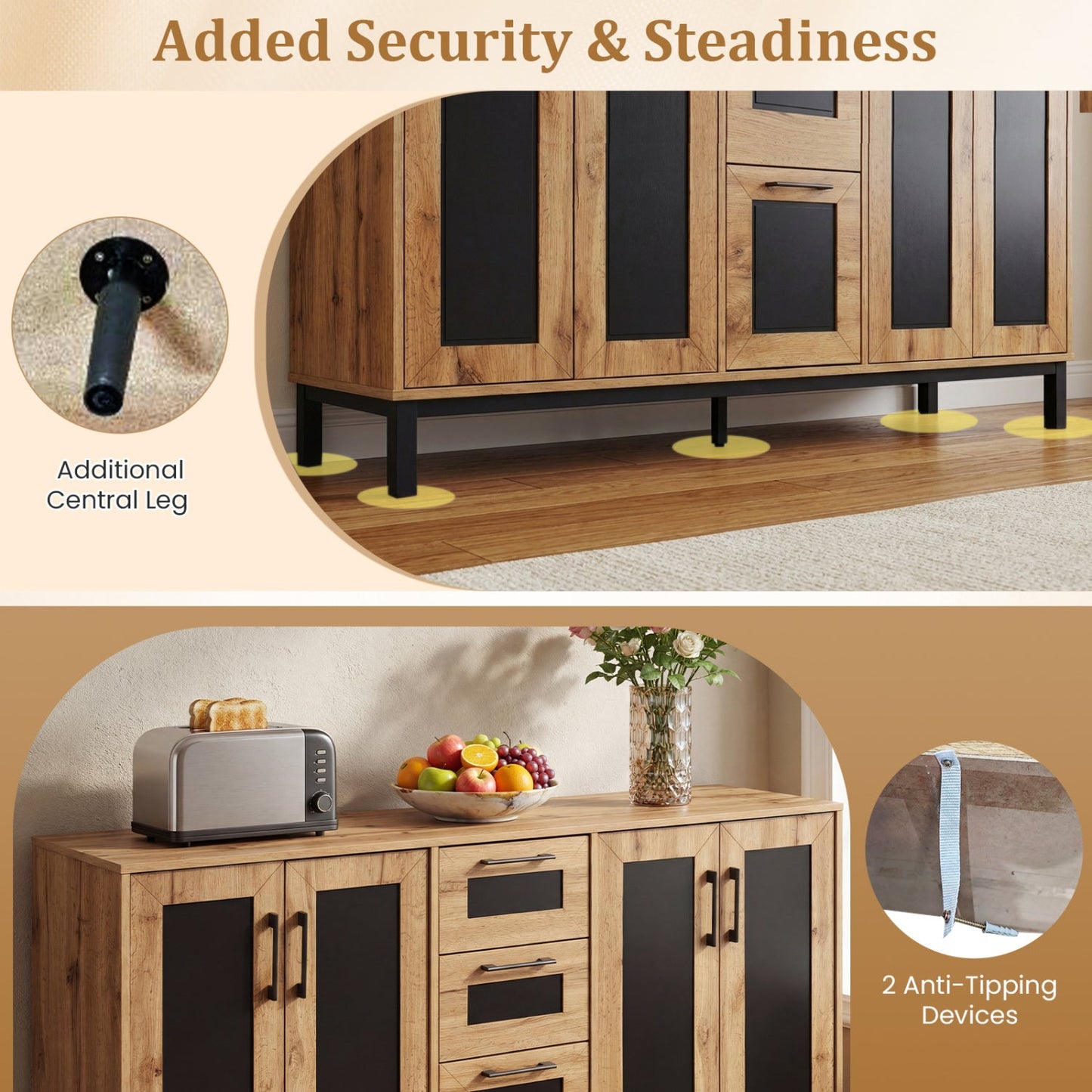 63" Sideboard Buffet Cabinet with 3 Drawers and Storage Shelves