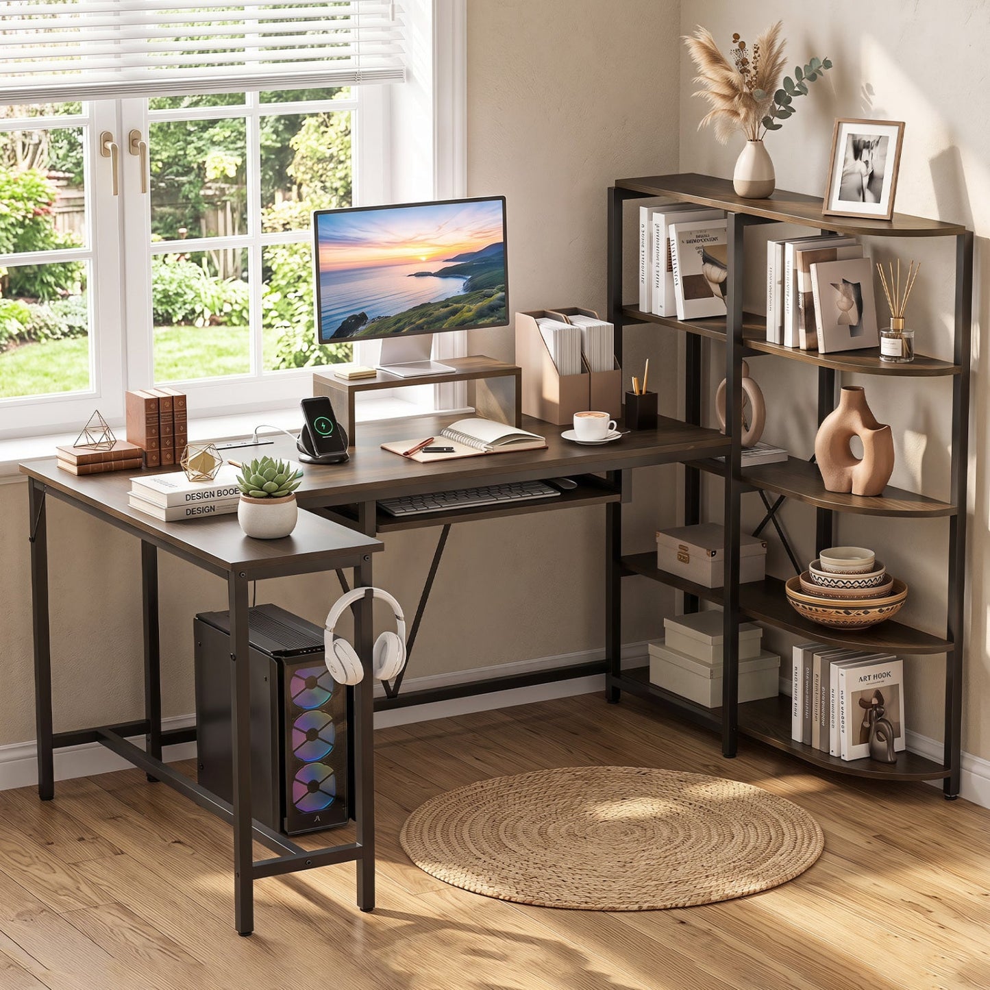 63" U-Shaped Computer Desk with Power Outlets & Bookshelf