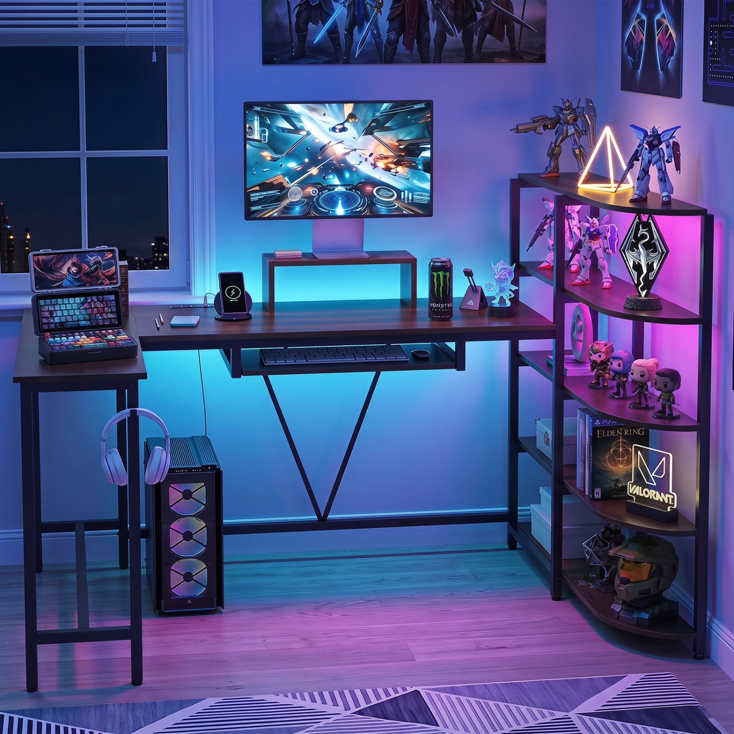 63" U-Shaped Computer Desk with Power Outlets & Bookshelf