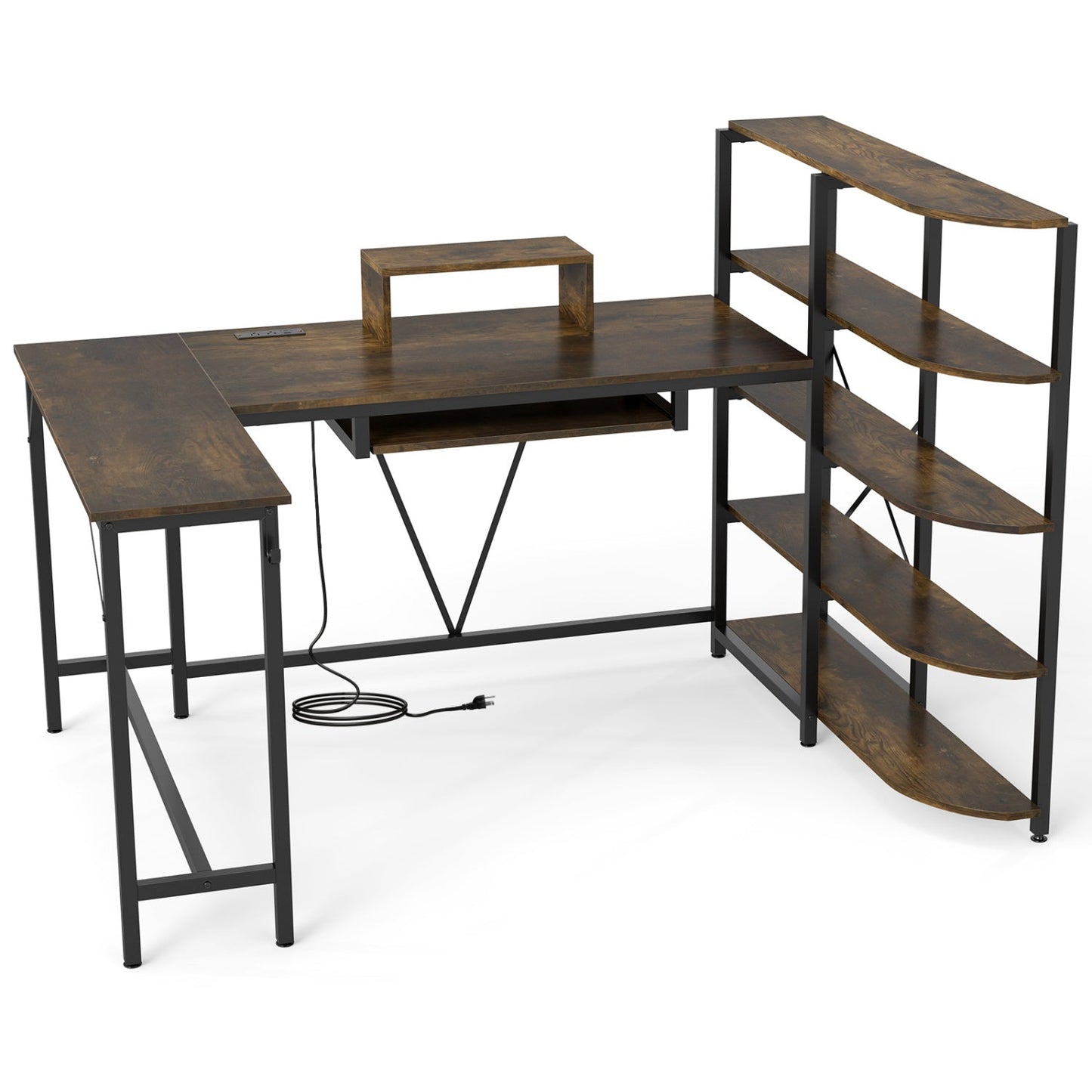 63" U-Shaped Computer Desk with Power Outlets & Bookshelf