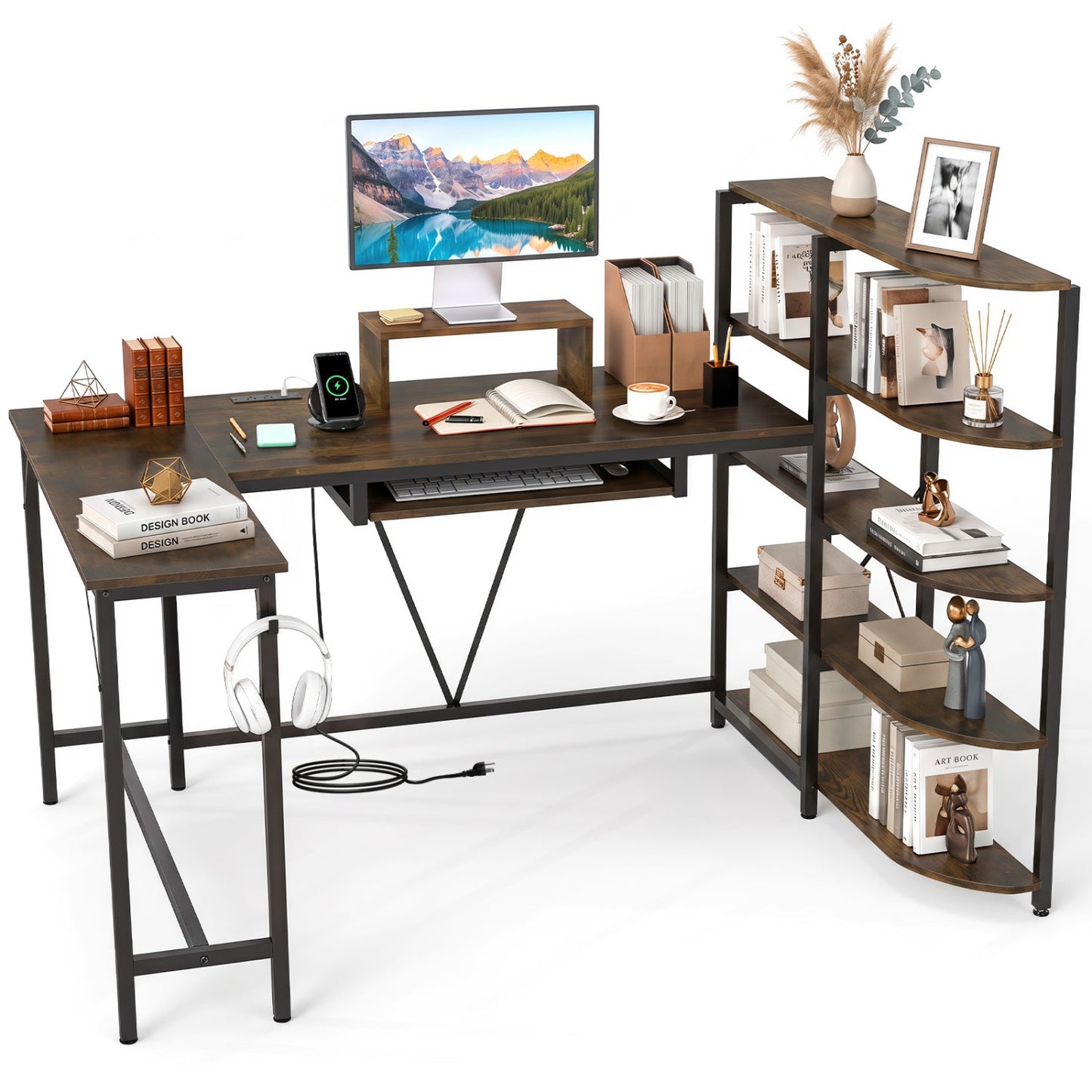 63" U-Shaped Computer Desk with Power Outlets & Bookshelf