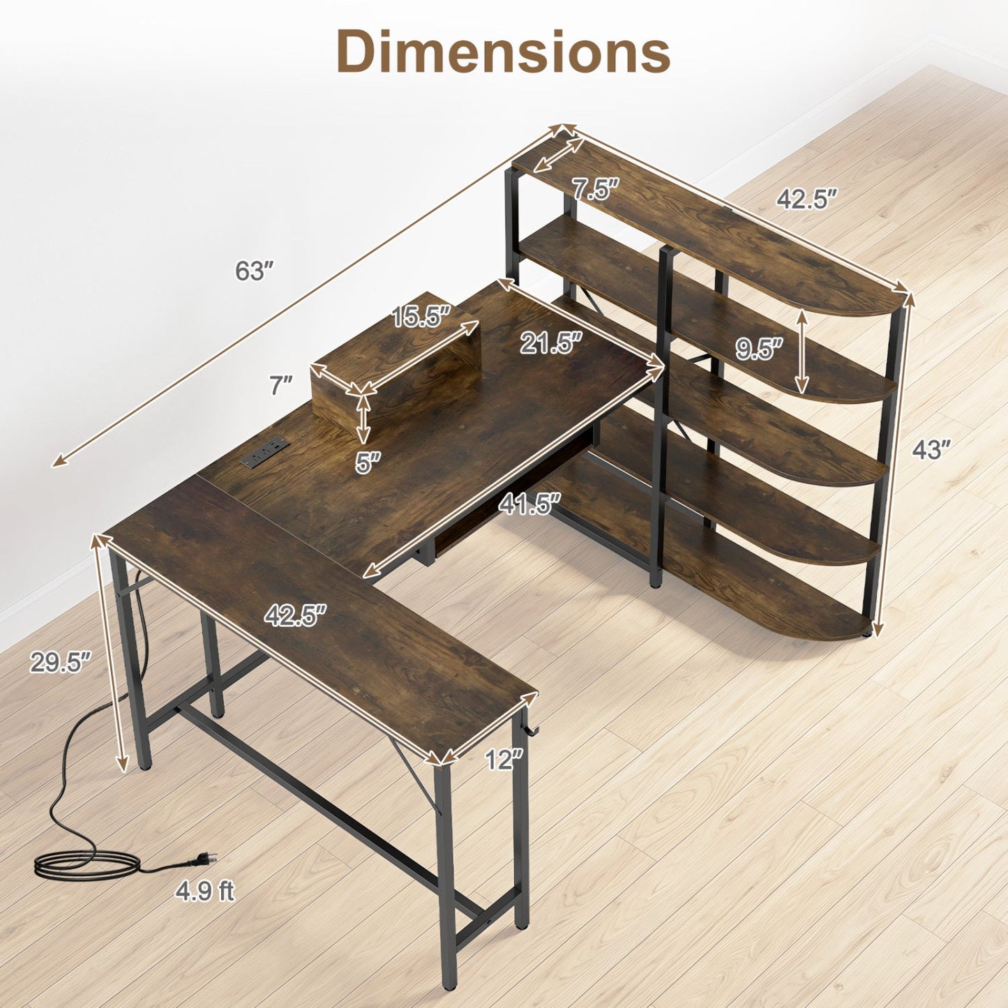 63" U-Shaped Computer Desk with Power Outlets & Bookshelf