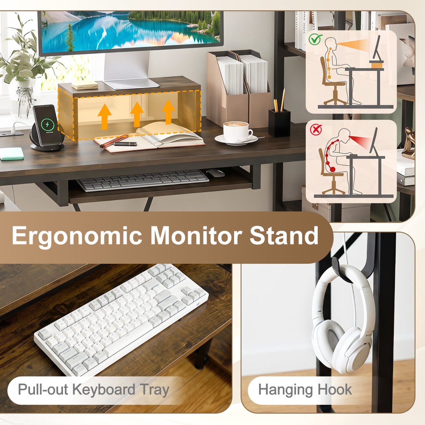 63" U-Shaped Computer Desk with Power Outlets & Bookshelf