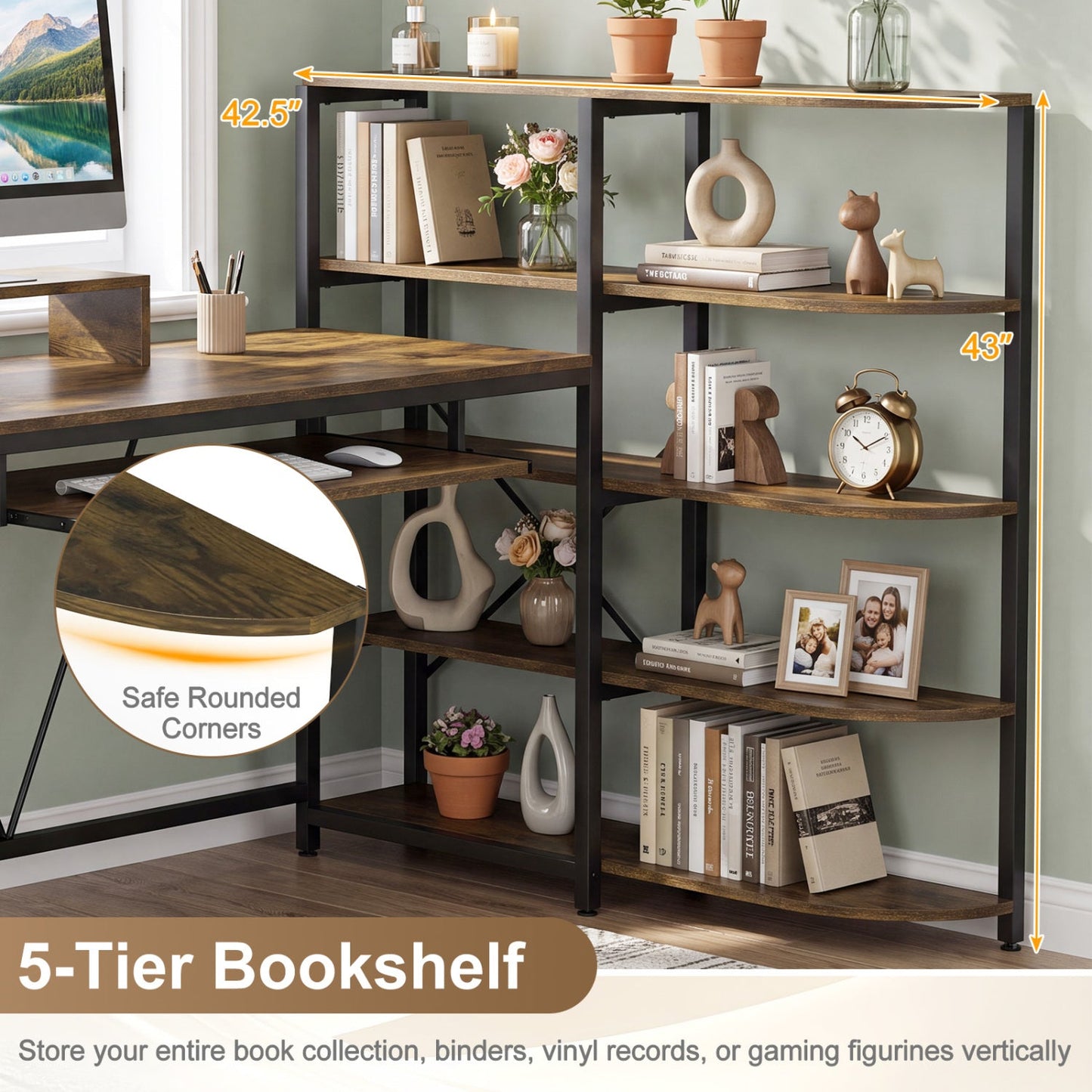 63" U-Shaped Computer Desk with Power Outlets & Bookshelf