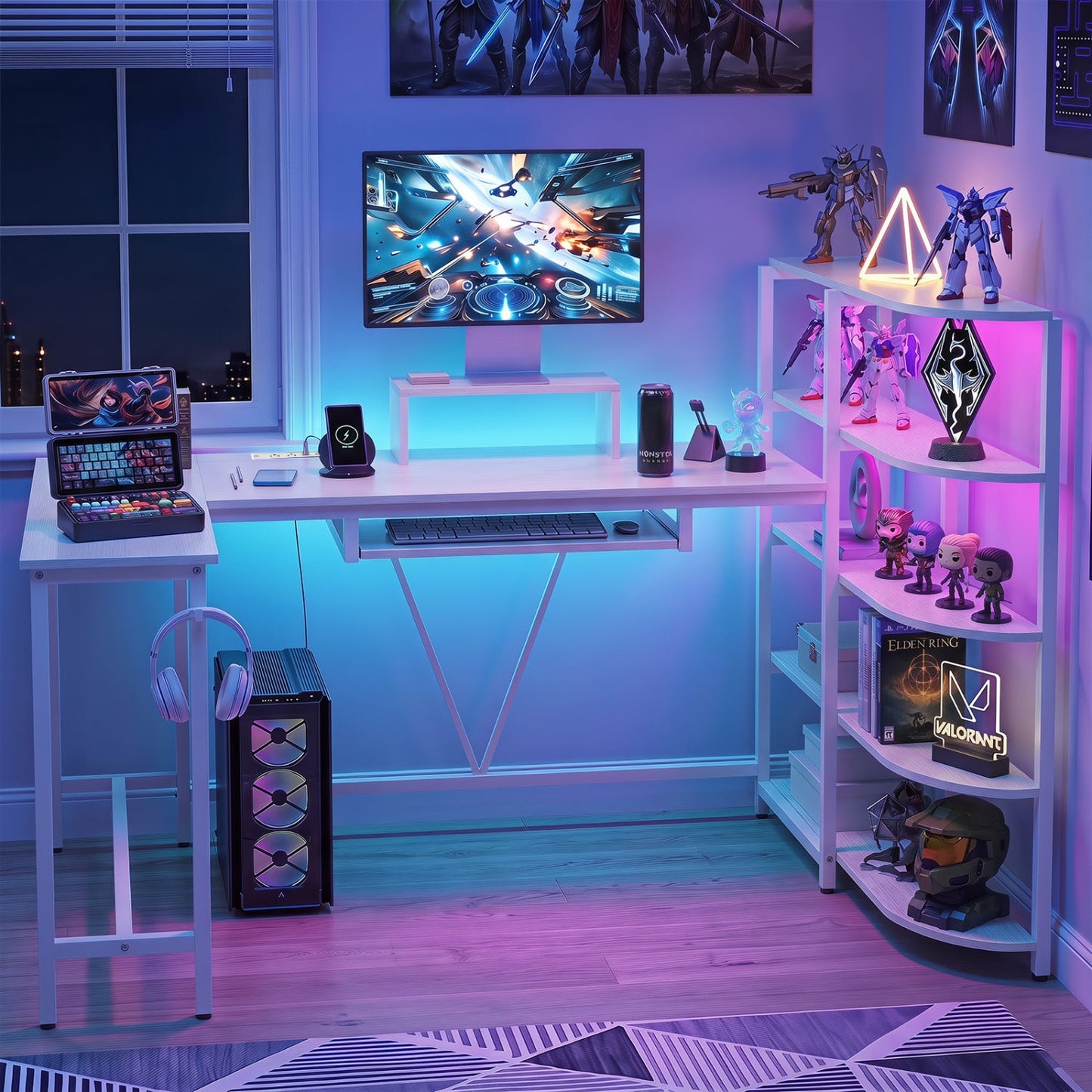 63" U-Shaped Computer Desk with Power Outlets & Bookshelf