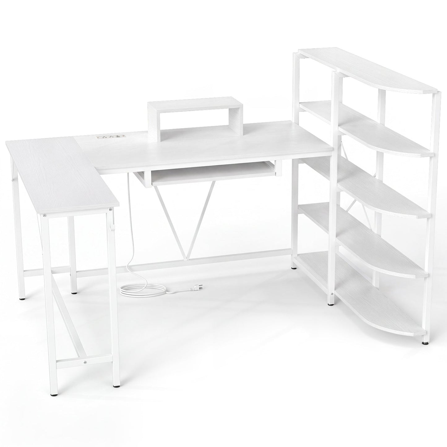 63" U-Shaped Computer Desk with Power Outlets & Bookshelf