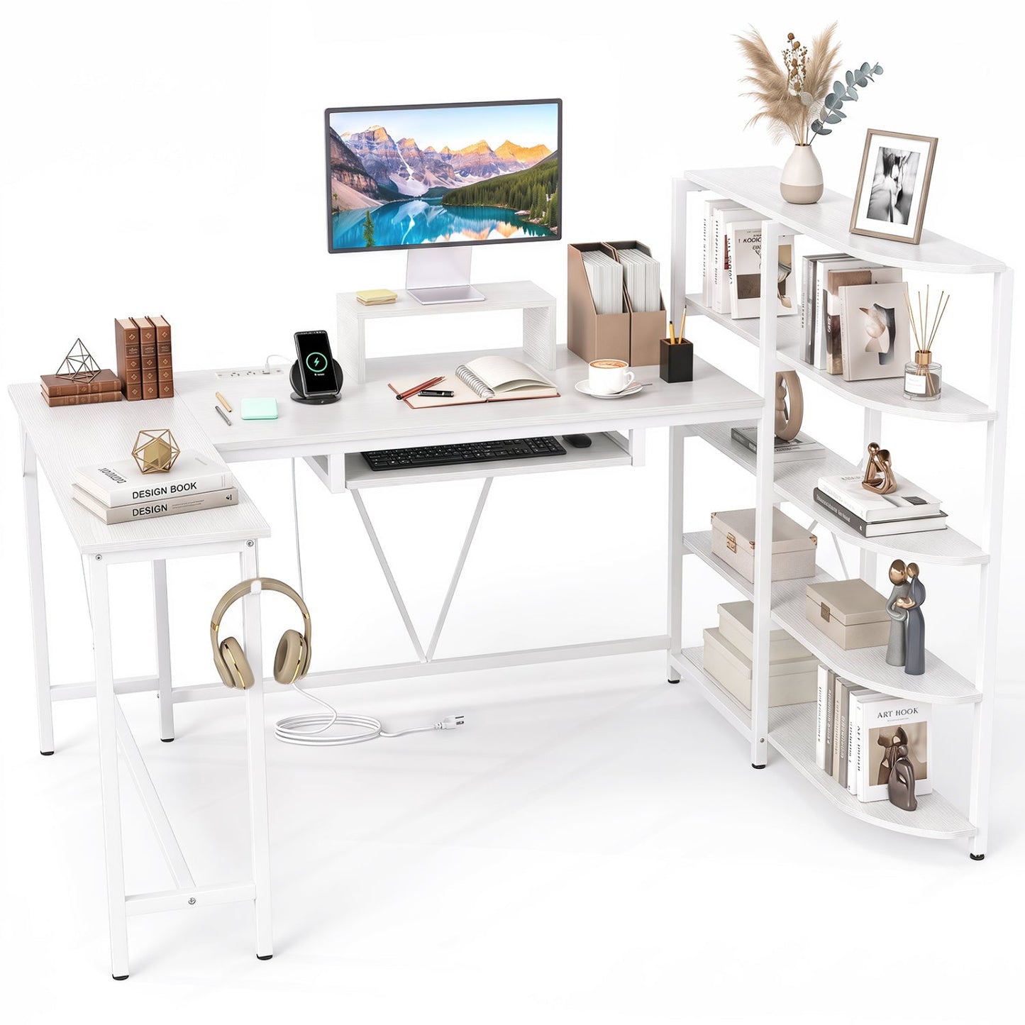 63" U-Shaped Computer Desk with Power Outlets & Bookshelf