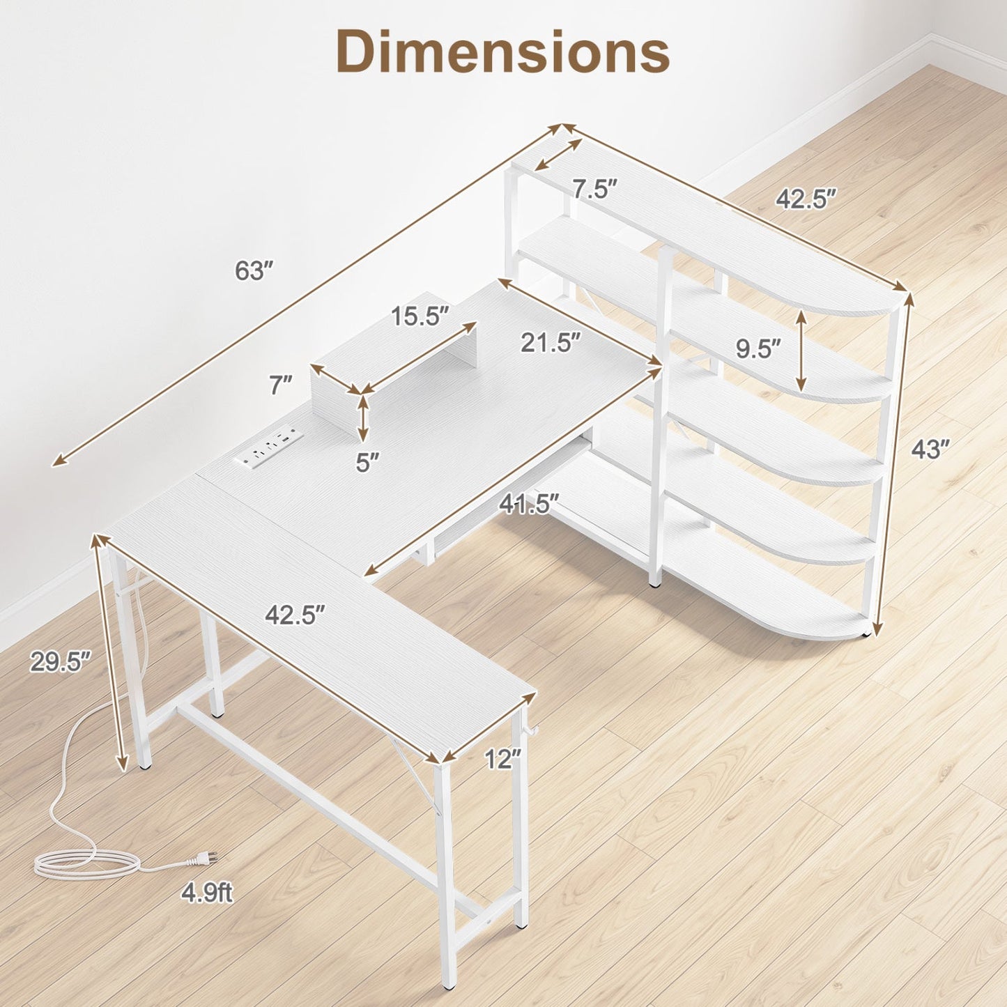 63" U-Shaped Computer Desk with Power Outlets & Bookshelf