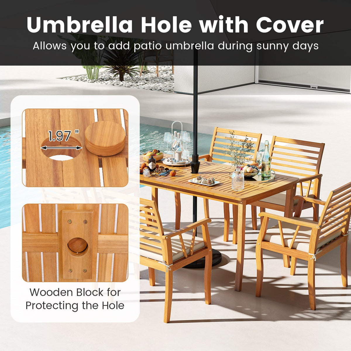 63 inch Outdoor Dining Table with Umbrella Hole Farmhouse Bistro Dinette Furniture