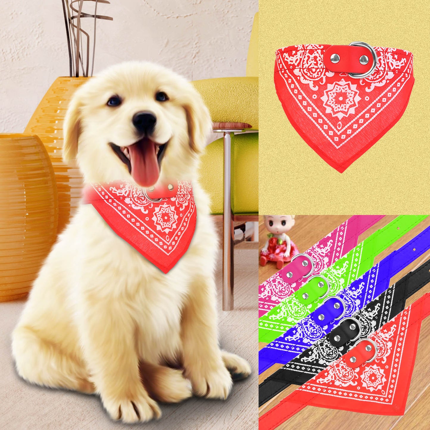 Dog Bandana Collar with Adjustable Leather Strap