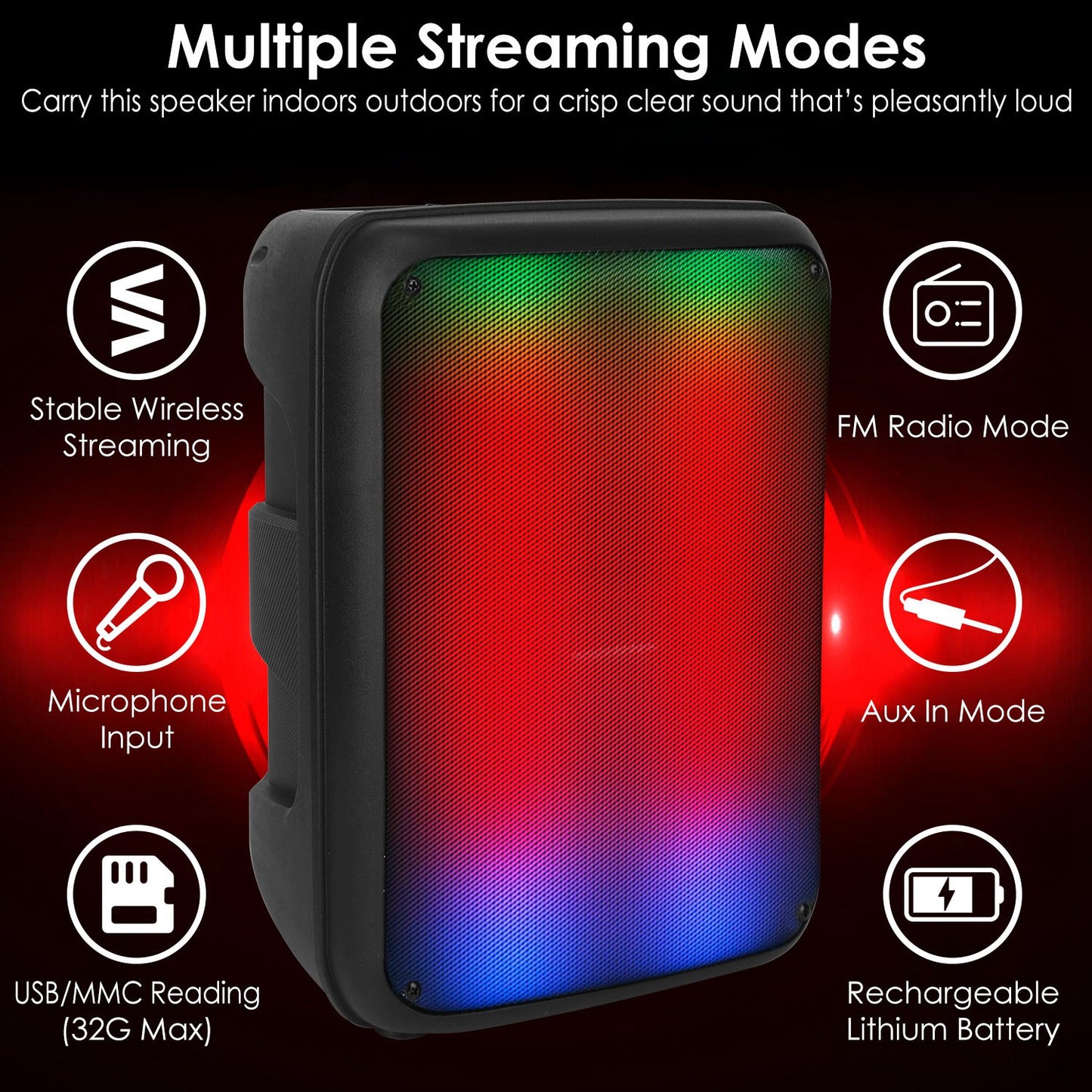 Portable Bluetooth Party Speaker 8" with RGB Lights & Karaoke