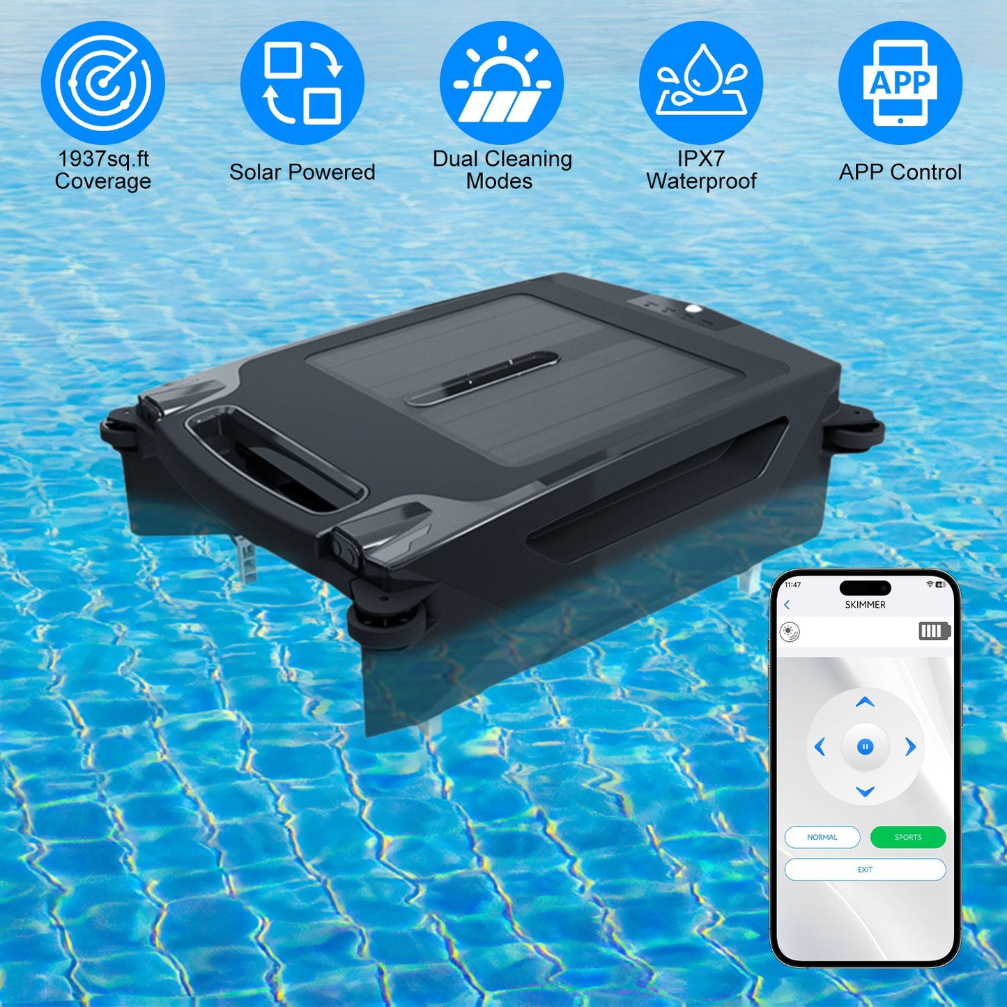 Solar Robotic Pool Skimmer with Dual Charging & App Control