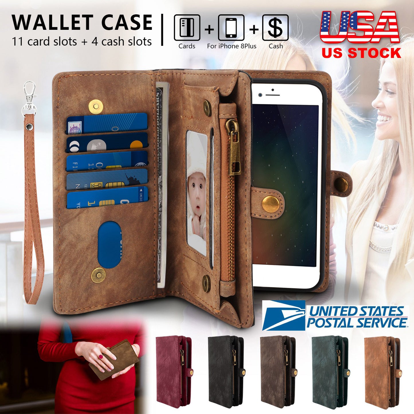 iPhone 8 Plus Wallet Case with 15 Card Slots & Detachable Cover