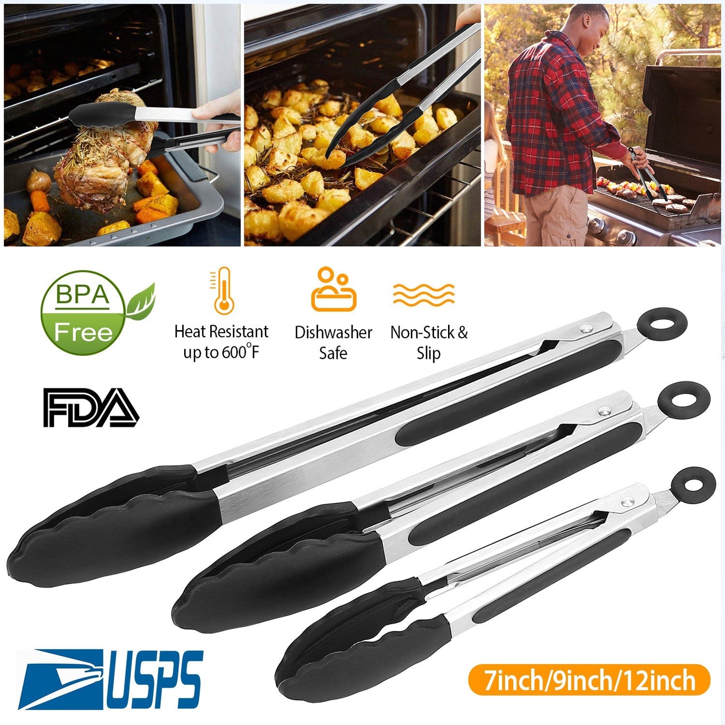 3Pcs Kitchen Tongs Stainless Steel Locking Food Tongs with Silicon Tips BPA Free Non-Stick BBQ Cooking Grilling Locking Food Tongs High Heat Resistant