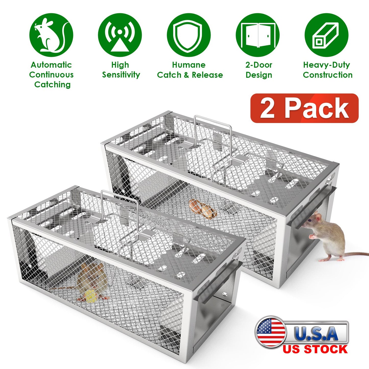 2-Pack Humane Rat Trap with Dual-Door Continuous Catch