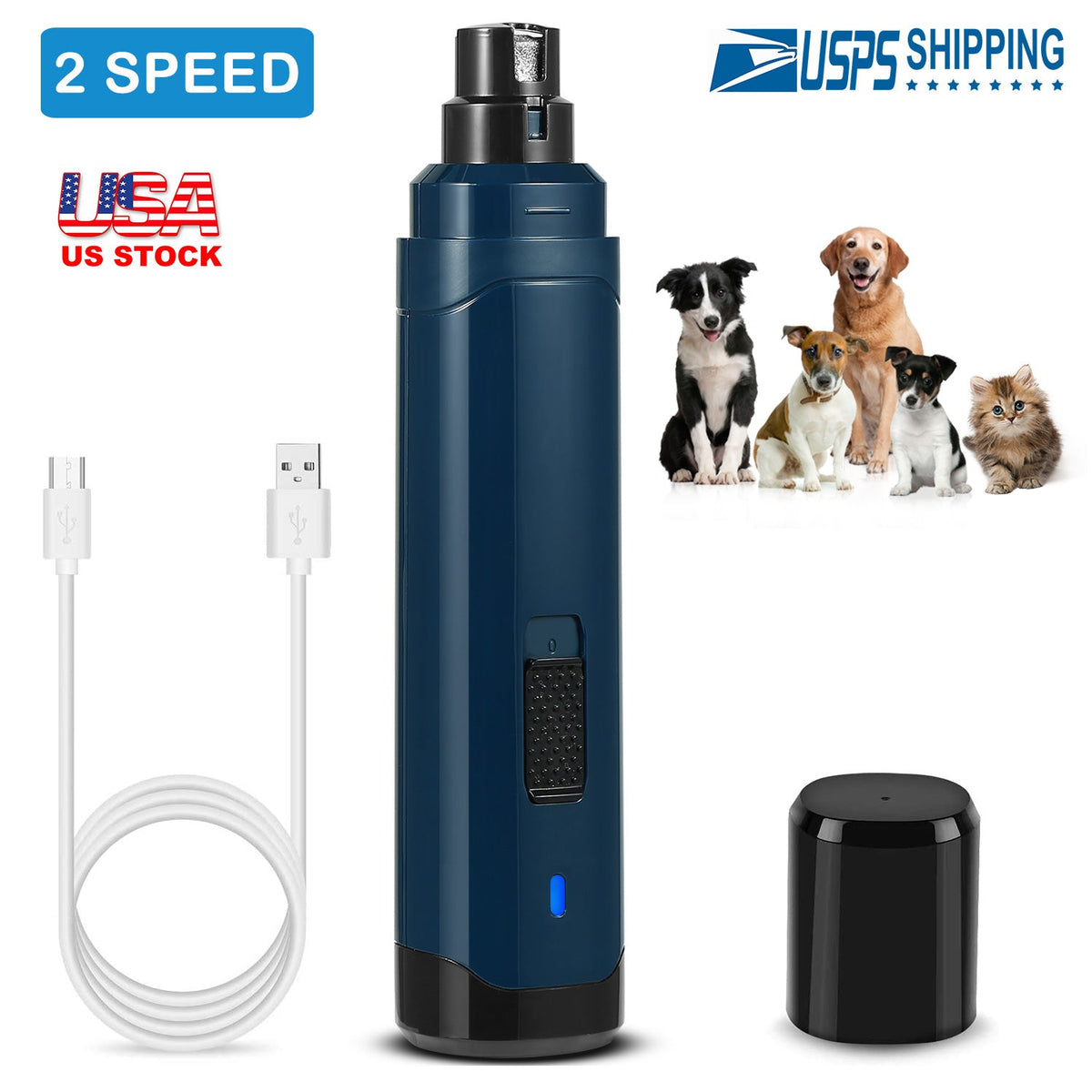 Dog Nail Grinder 2 Speeds Quiet USB Rechargeable Pet Nail Grinder Professional Pet Nail Trimmer Cordless Paws Grooming & Smoothing Claw Care for Small