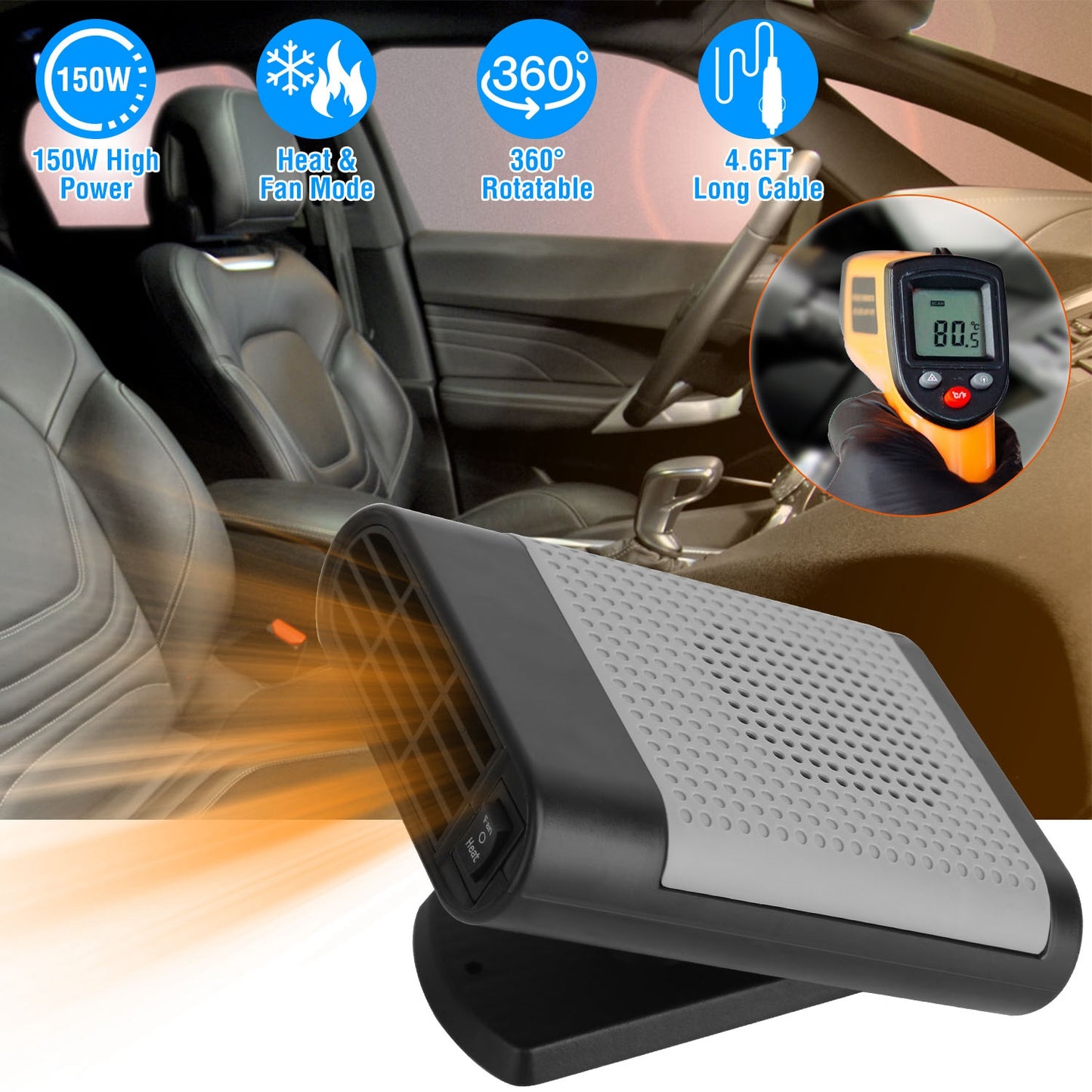 Portable Car Heater 150W 2-in-1 Defroster Fan with 360° Base