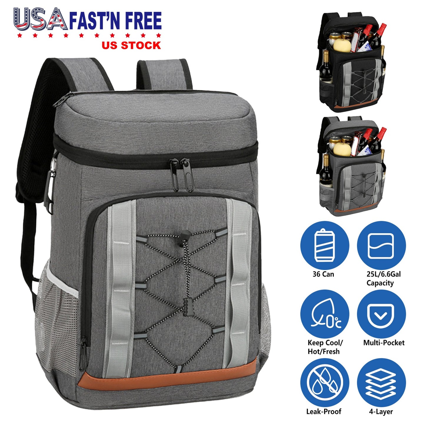 Insulated Cooler Backpack 36 Can Leakproof with Bottle Opener