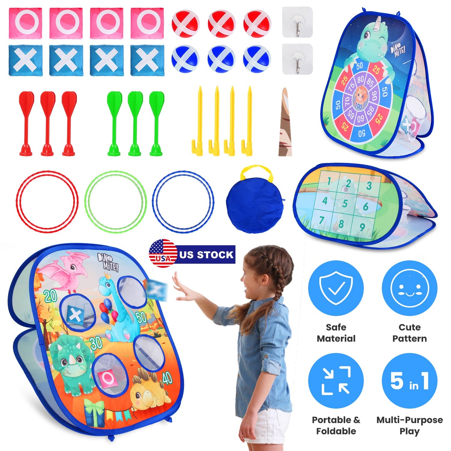 5-in-1 Bean Bag Toss Game Set with Dart Board & Storage Bag