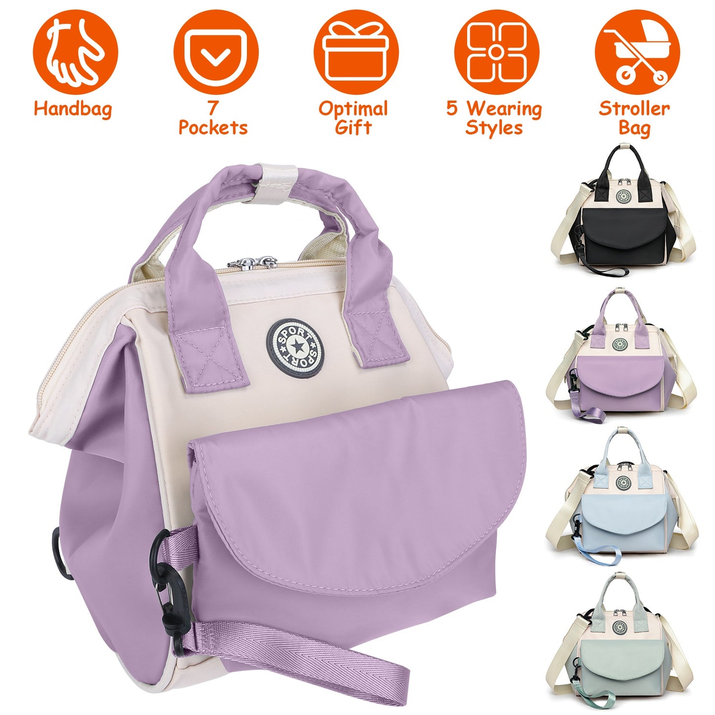 Diaper Bag with 6 Pockets and Detachable Small Bag