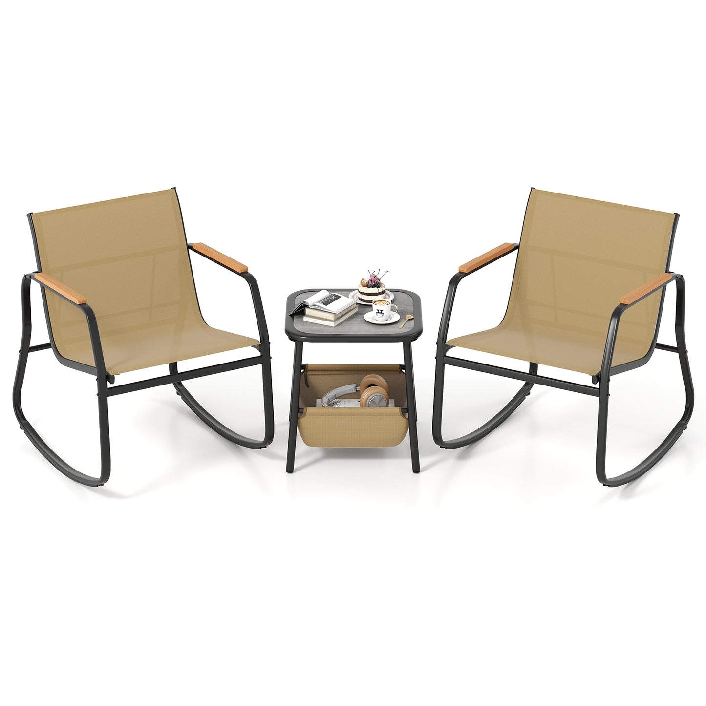 3-Piece Rocking Bistro Set with Side Table and Storage