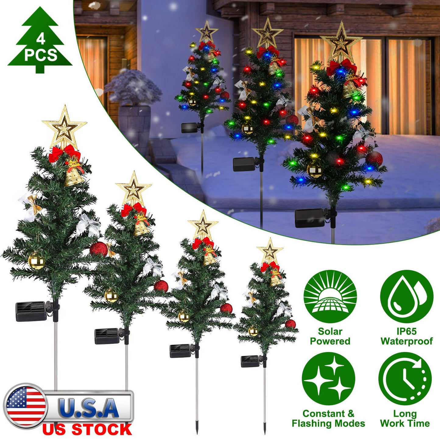Solar Christmas Tree Lights 4-Pack with Ornaments & Stakes