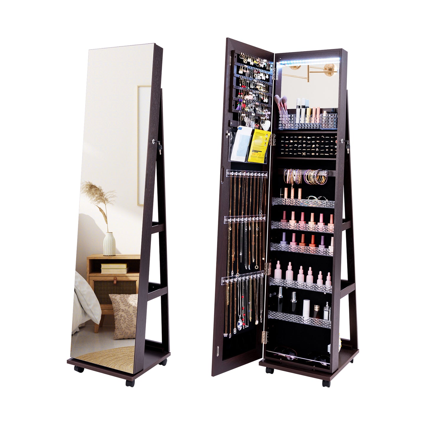 64-Inch Jewelry Armoire with Full-Length Mirror and LED Lights