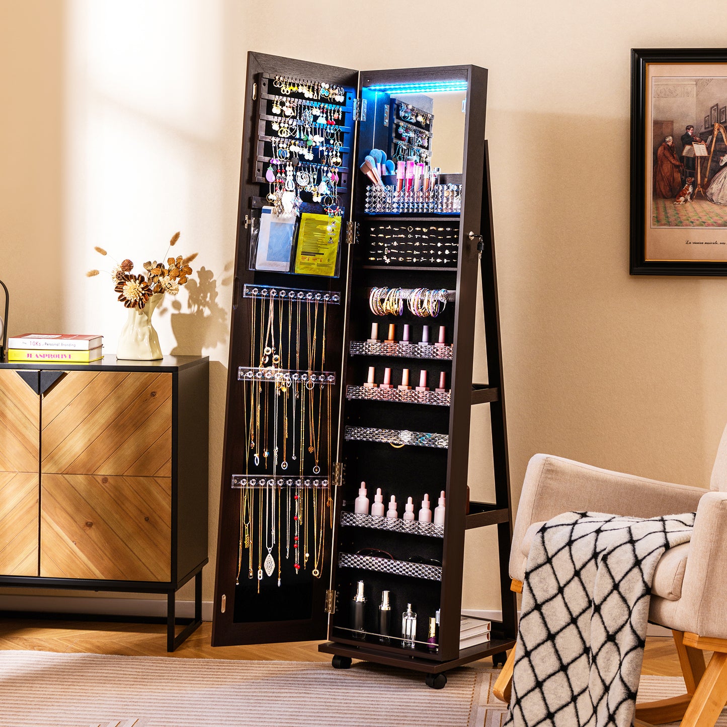 64-Inch Jewelry Armoire with Full-Length Mirror and LED Lights