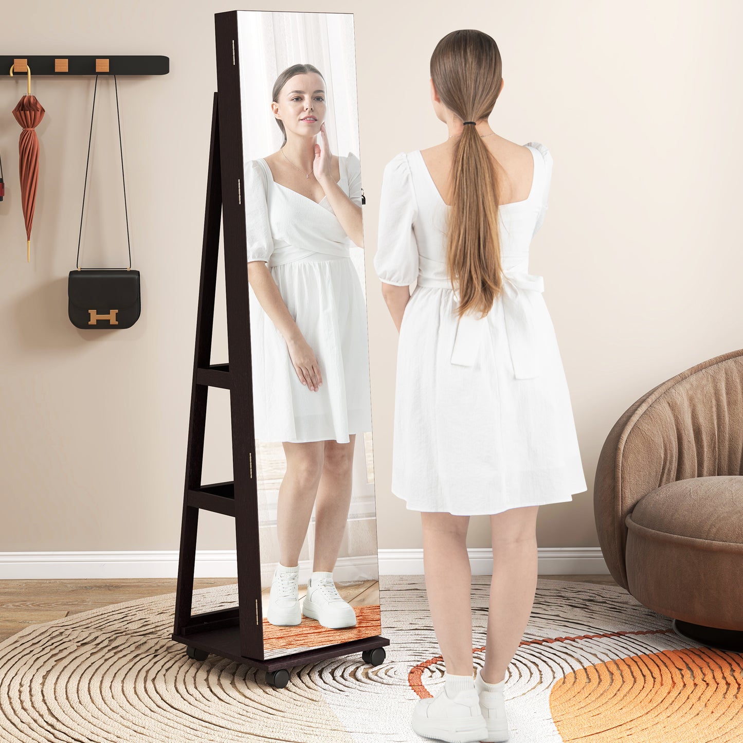 64-Inch Jewelry Armoire with Full-Length Mirror and LED Lights
