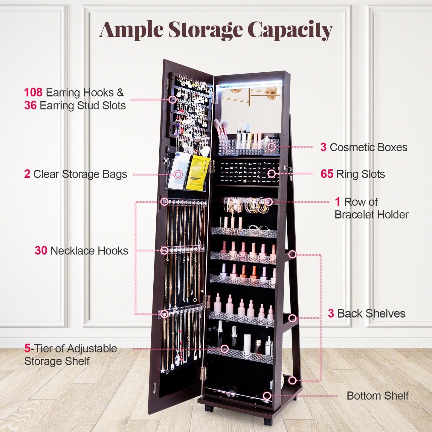 64-Inch Jewelry Armoire with Full-Length Mirror and LED Lights