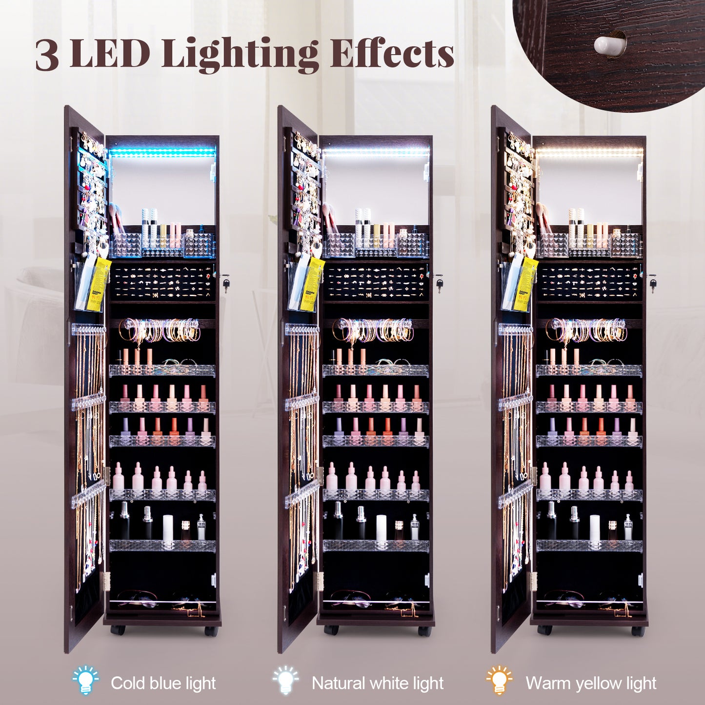 64-Inch Jewelry Armoire with Full-Length Mirror and LED Lights
