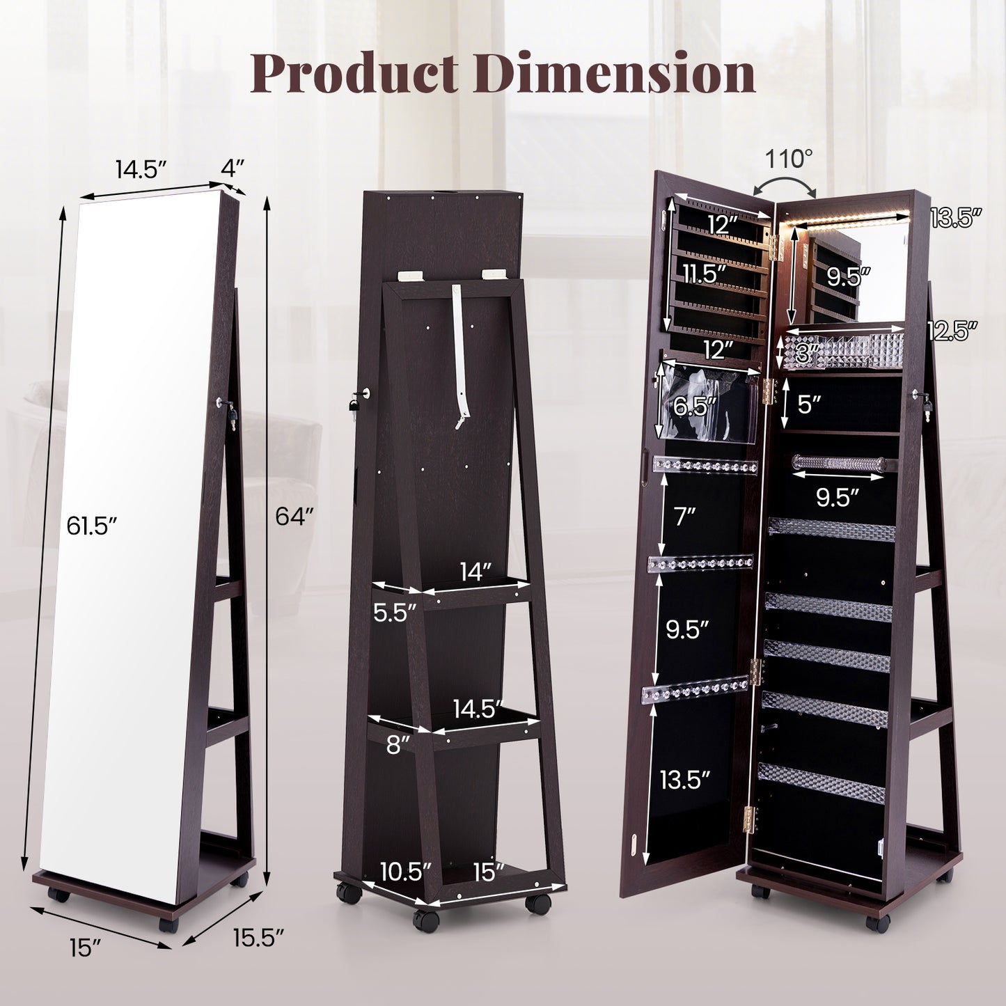 64-Inch Jewelry Armoire with Full-Length Mirror and LED Lights