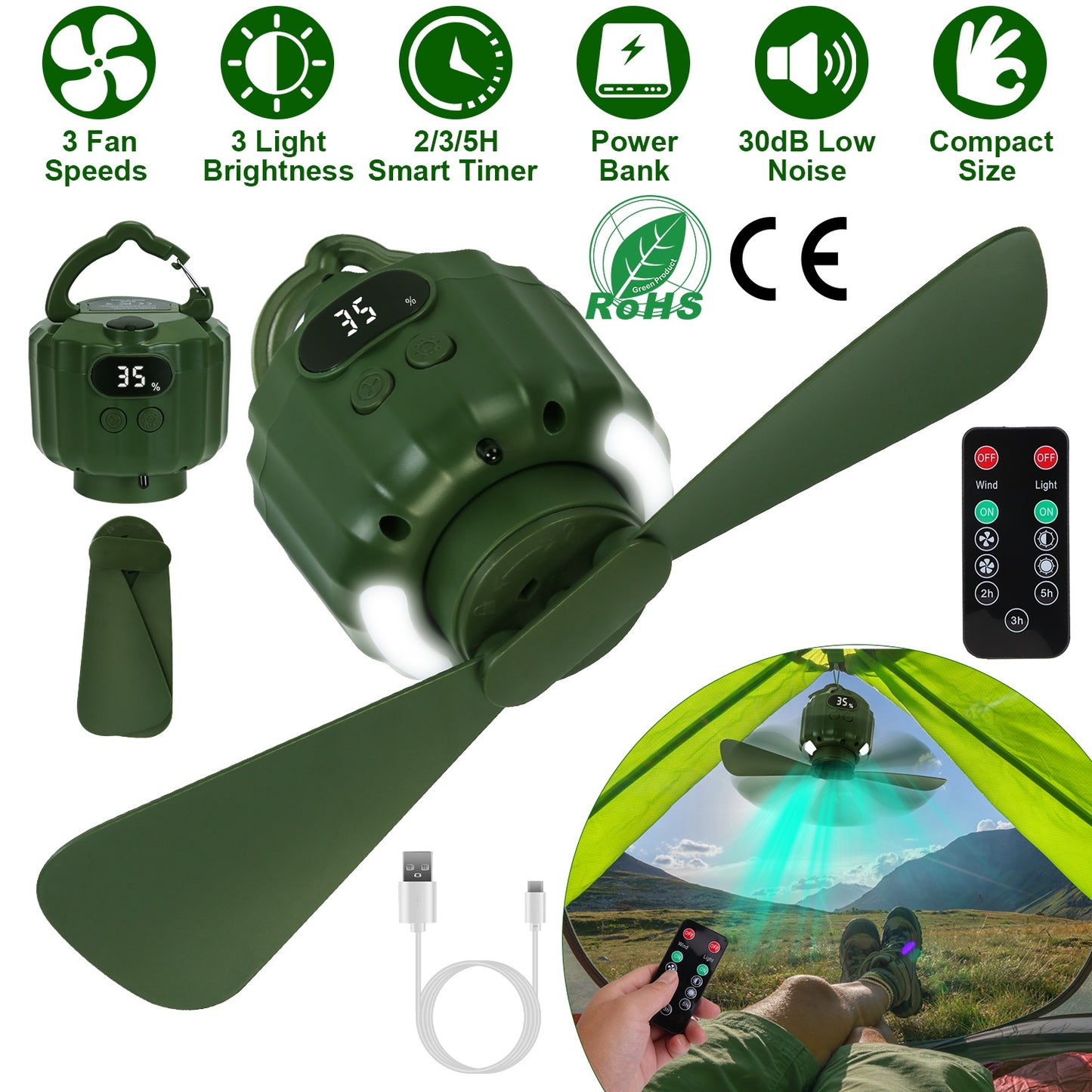 Portable Camping Ceiling Fan with LED Light & Power Bank