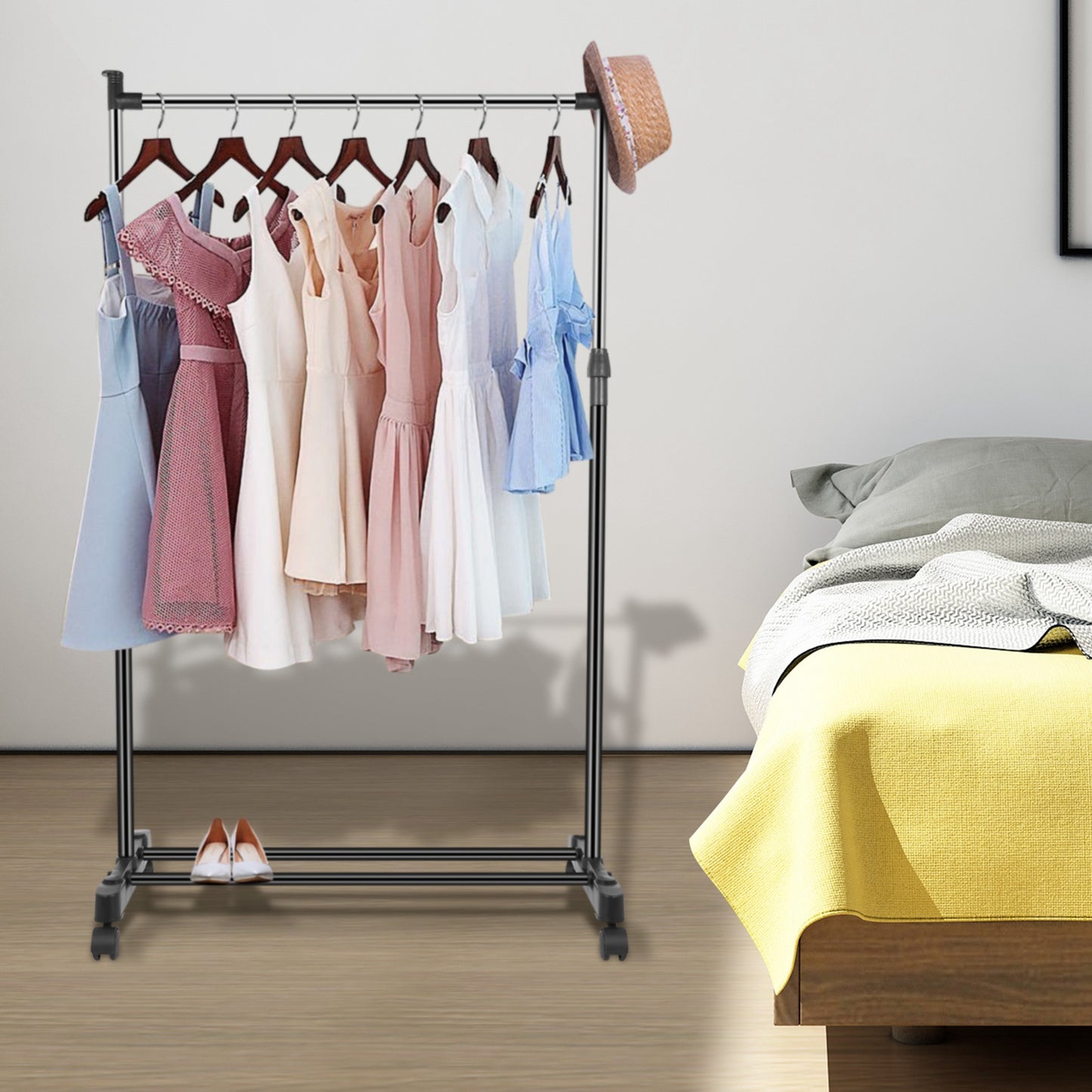 Adjustable Garment Rack with Wheels and Storage Shelf