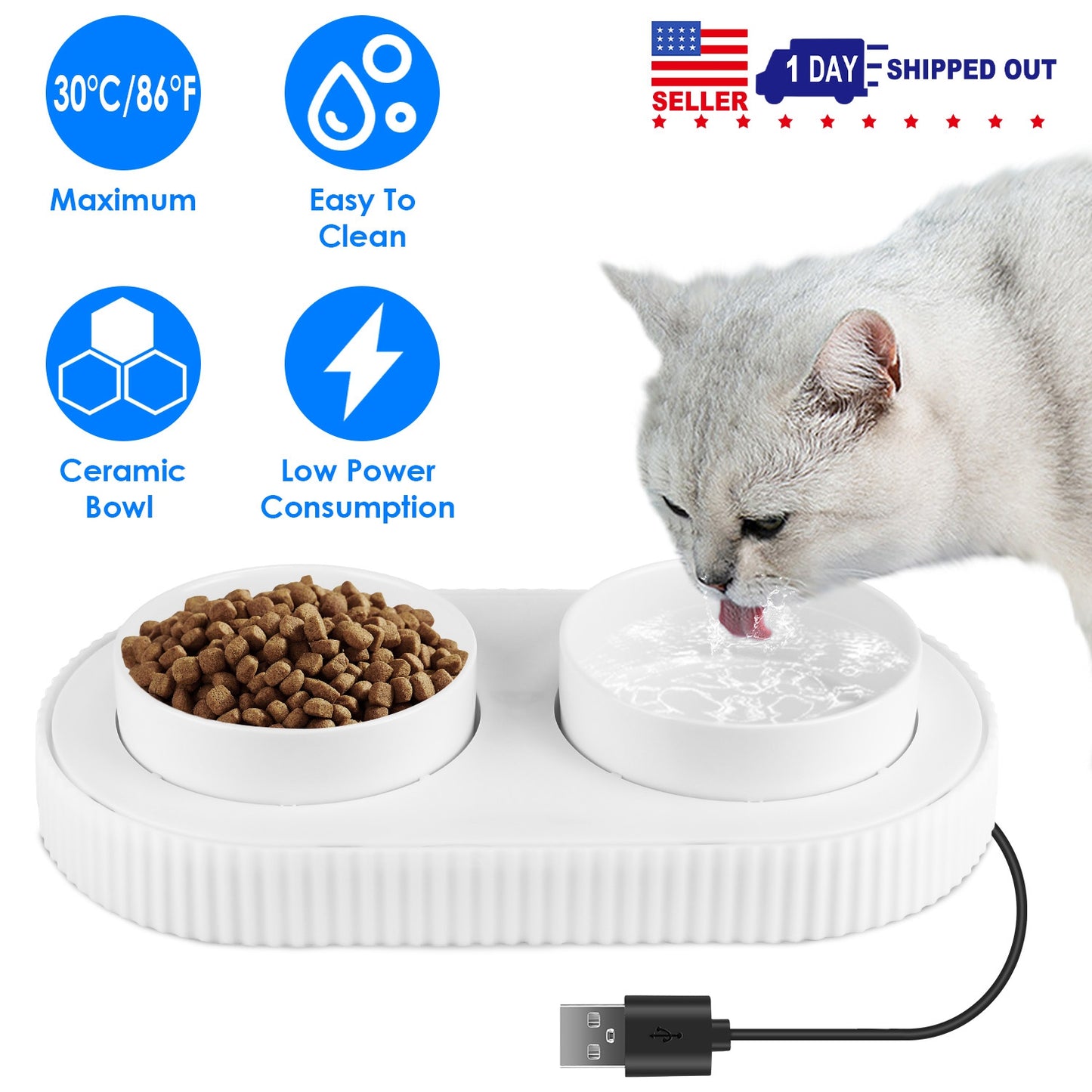 Heated Pet Water Bowl - USB Powered Ceramic Non-Freezing