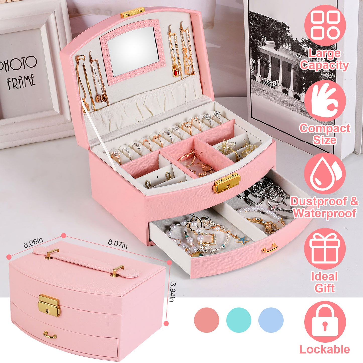 2-Layer Lockable Jewelry Box with Travel Handle & Mirror