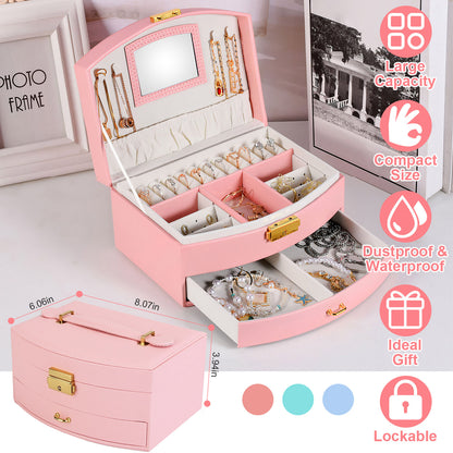 2-Layer Lockable Jewelry Box with Travel Handle & Mirror