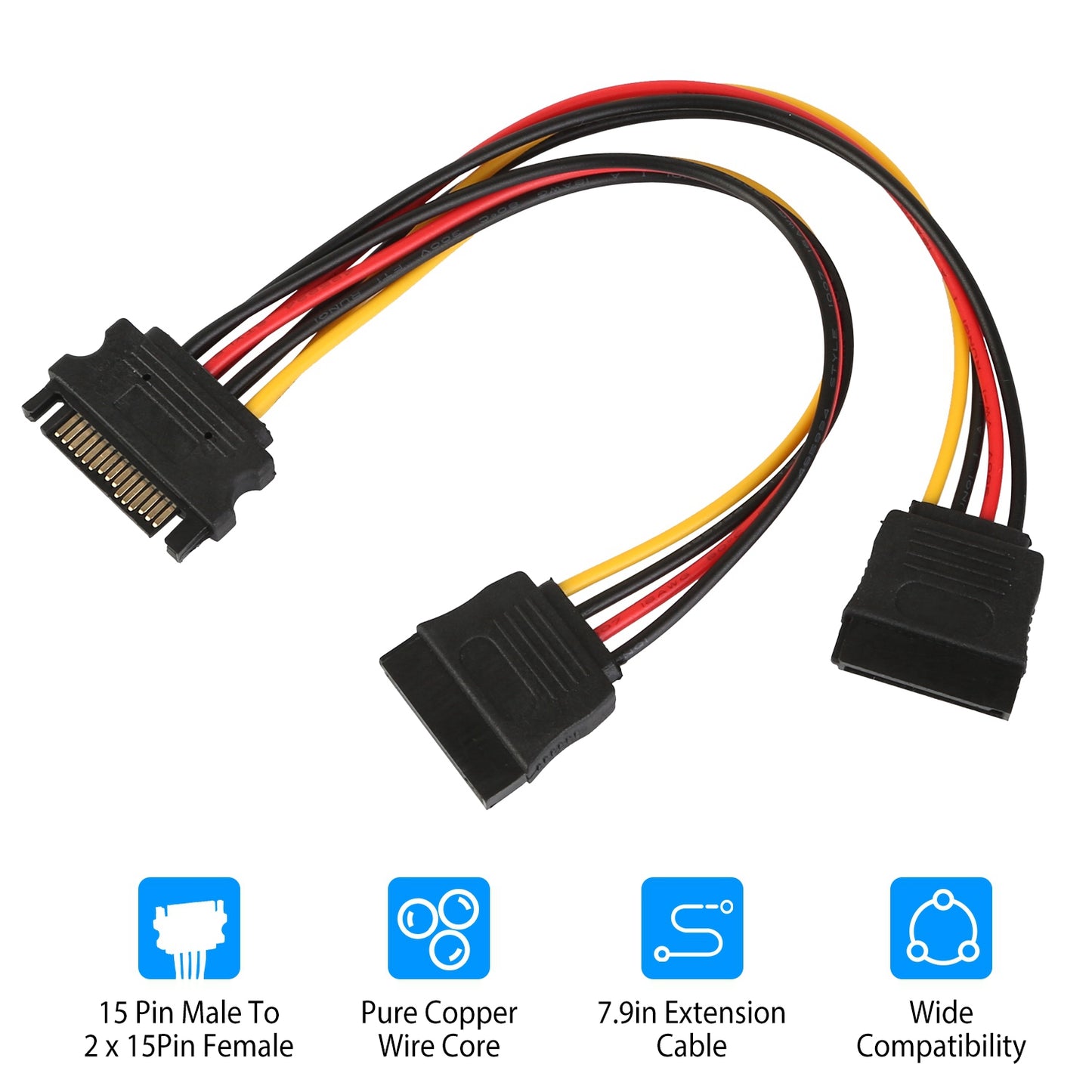 15-Pin SATA Power Y Splitter Cable Adapter - 7.9 Inch