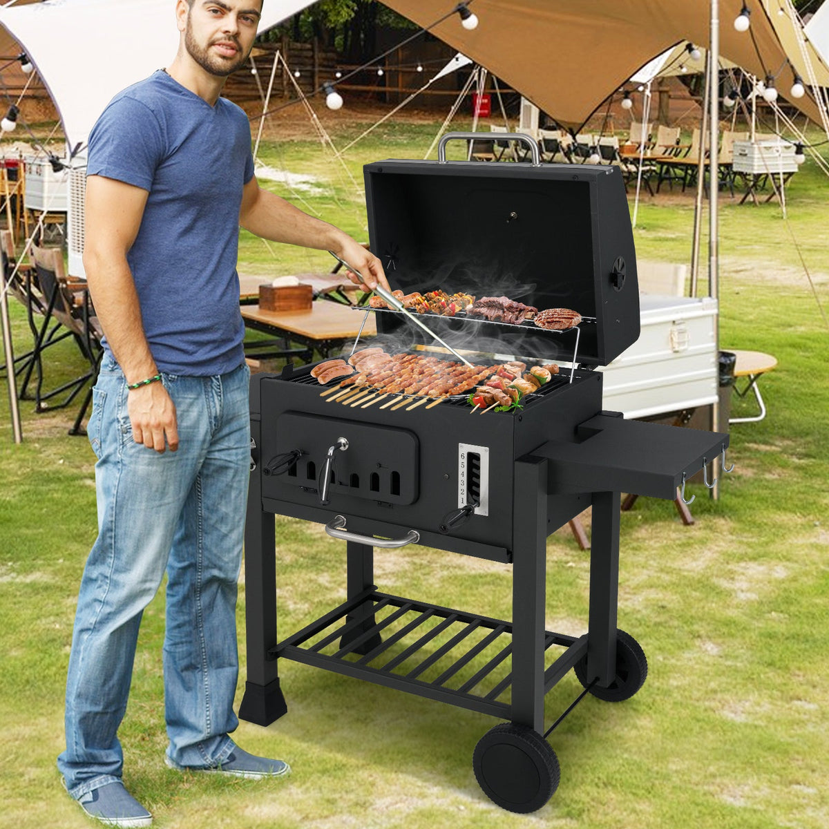 24-Inch Barrel Charcoal Grill with 2 Folding Side Tables and 544 sq.in Cooking Area