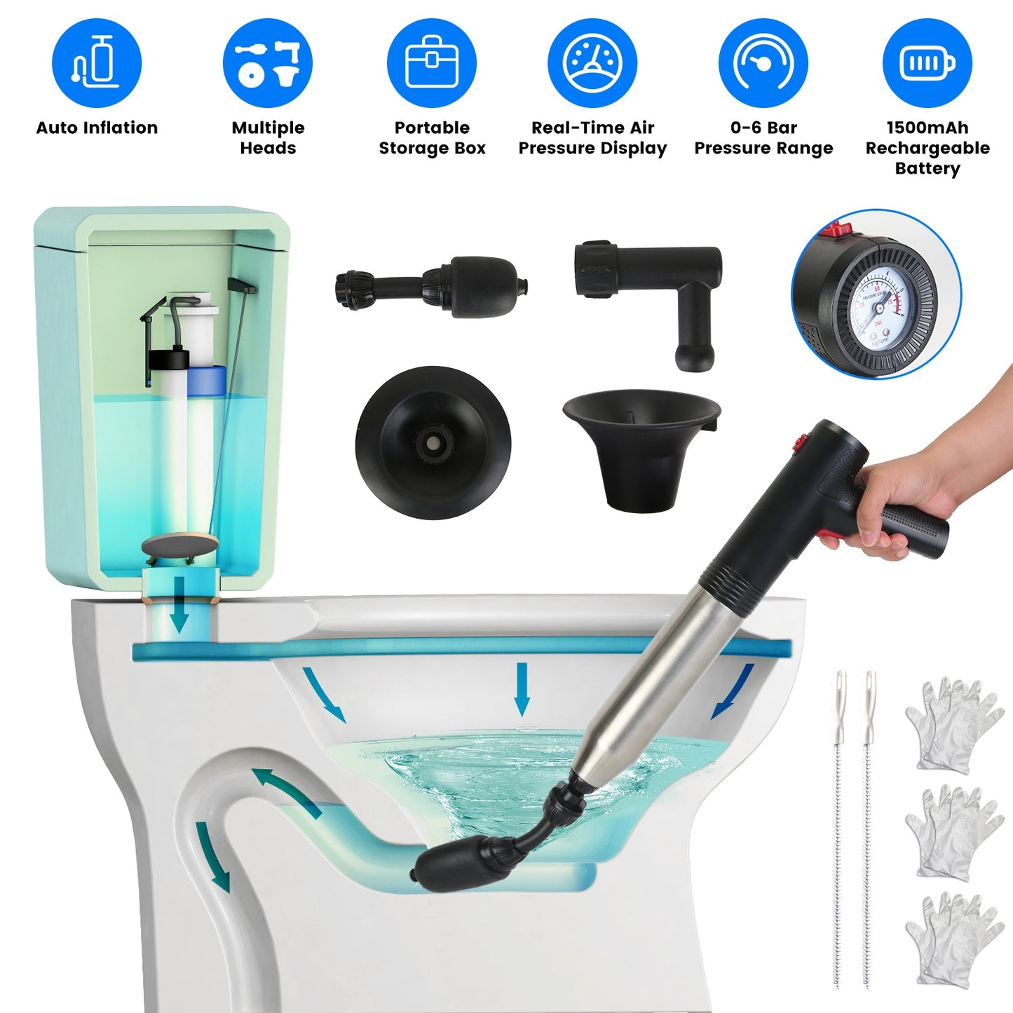Electric Toilet Plunger with Pressure Display & Multiple Heads