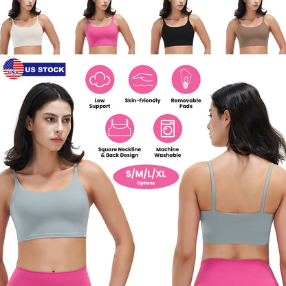 Women Strap Sport Bras Padded Strappy Crop Square Neck Low Impact Bras Sexy Fitness Tank Tops with Removable Pads Flat Straps for Gym Yoga Workout Run