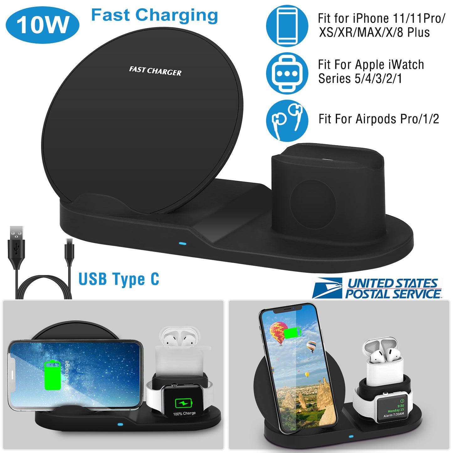 3-in-1 Wireless Charging Station 10W Fast Charge Dock