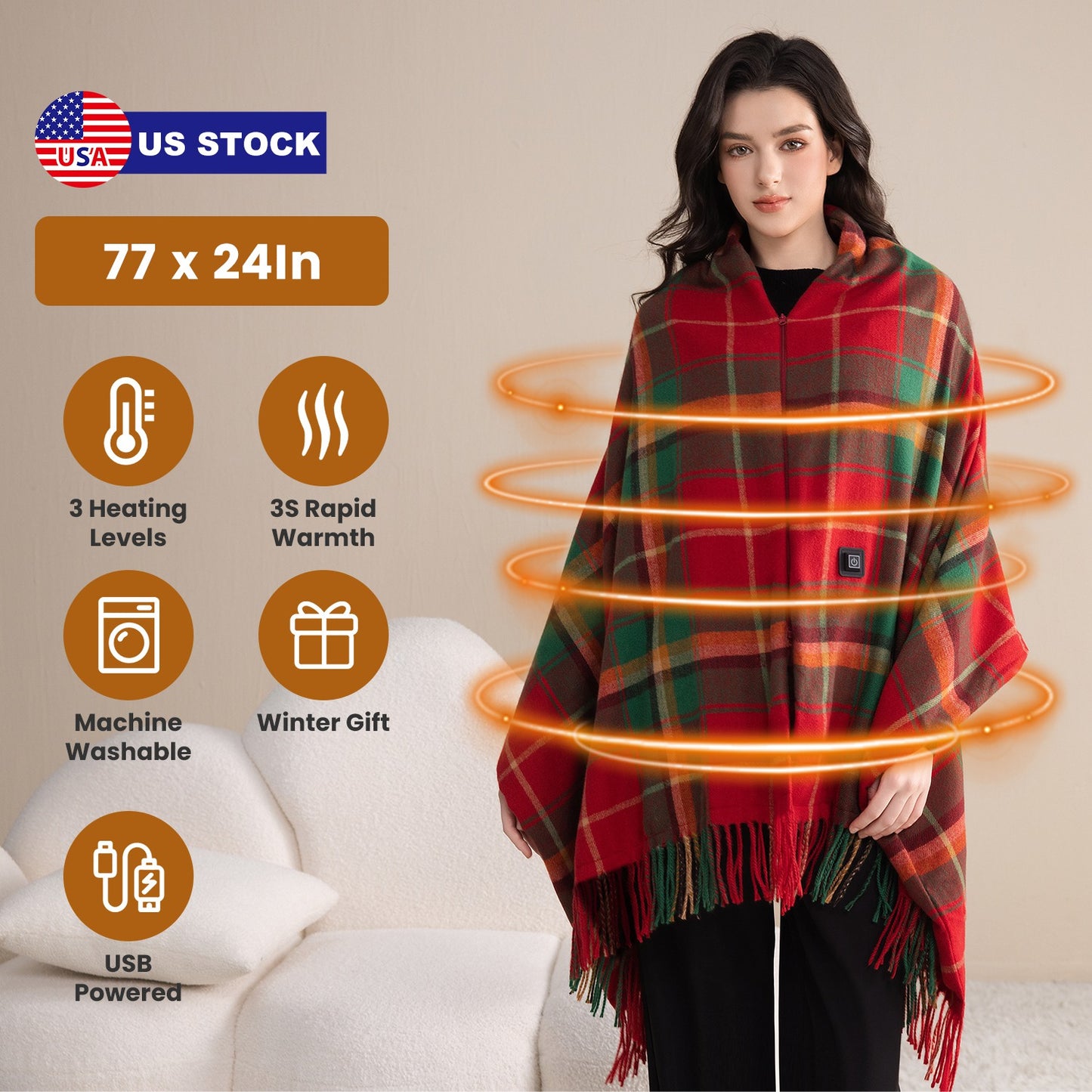 USB Heated Shawl with 3 Heat Levels and Zipper