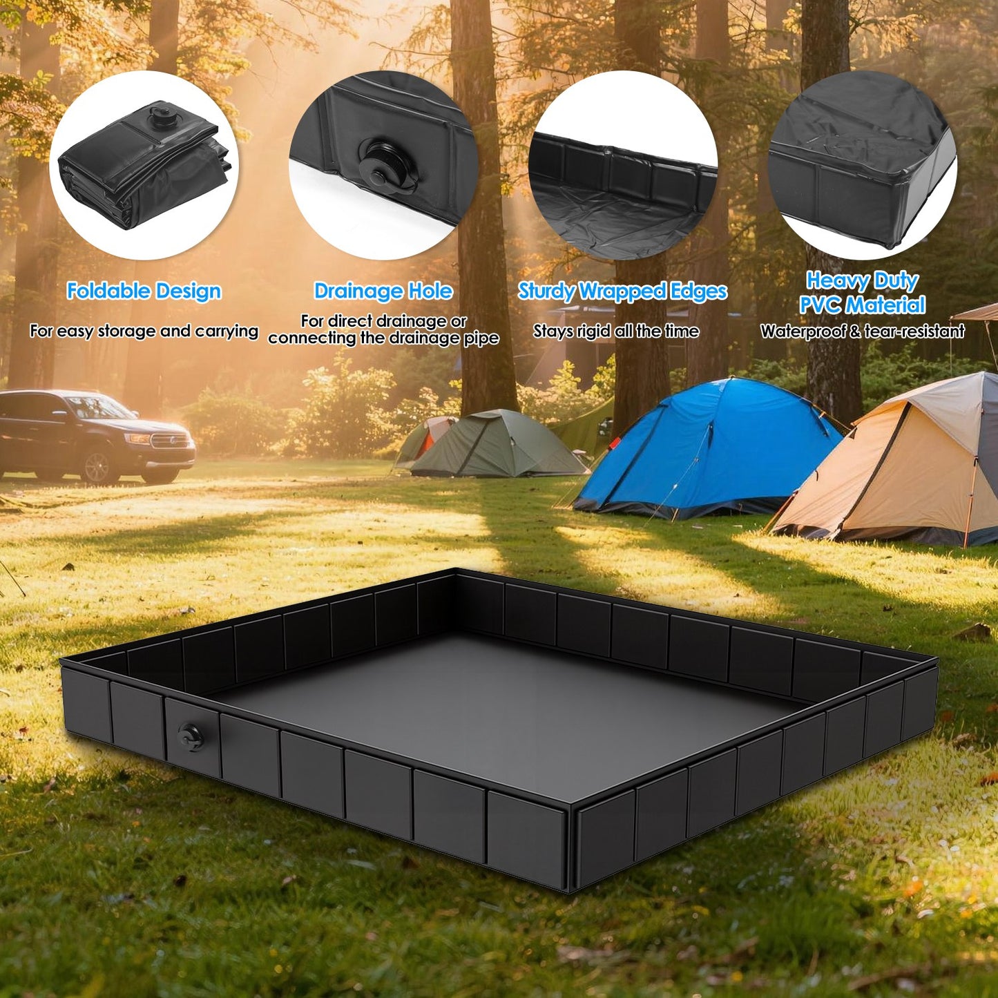 Portable Shower Pan 41x41in Foldable Camping Basin with Drain